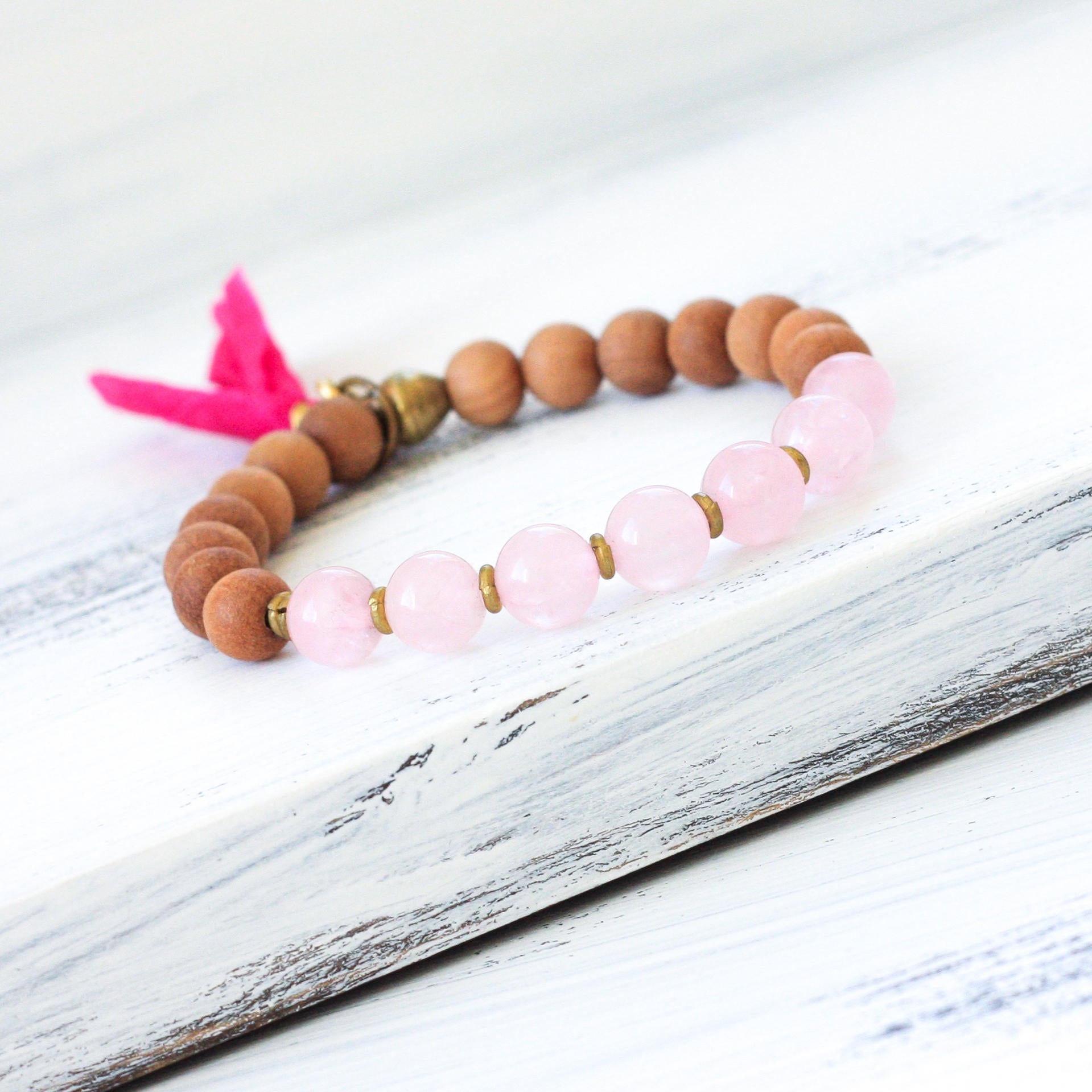 Rose Quartz Sandalwood Mala Bead Bracelet, boho jewelry