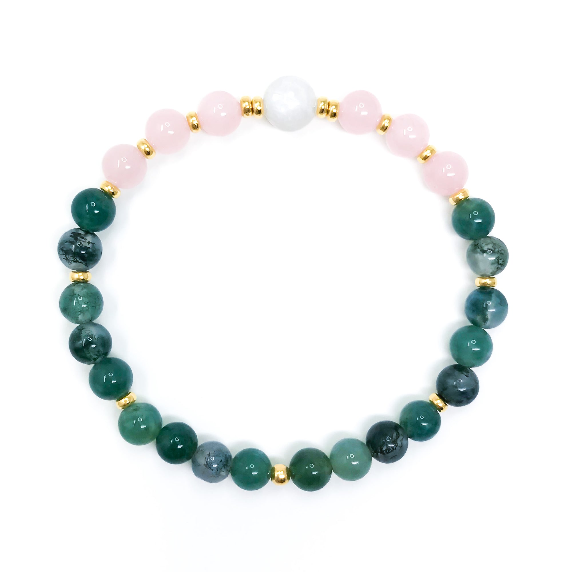 Green Moss Agate, light pink Rose Quartz and white Moonstone yoga bracelet with gold or silver accents.