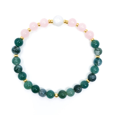 Green Moss Agate, light pink Rose Quartz and white Moonstone yoga bracelet with gold or silver accents.