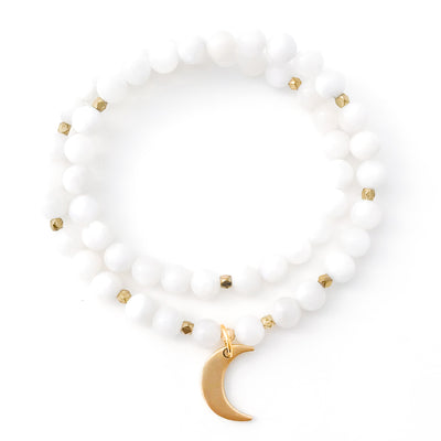 Double wrap natural Moonstone beaded bracelet with gold crescent moon pendant.