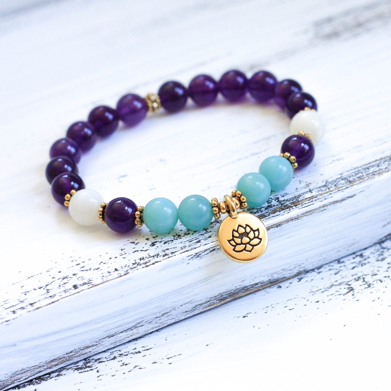 lotus mala bracelet amethyst amazonite