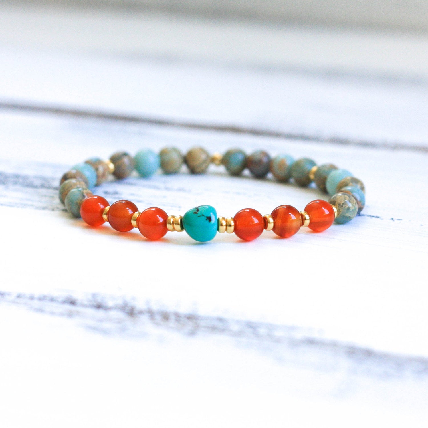 Aqua Terra Jasper (aka African Opal) & Carnelian Mala Bracelet with Genuine Turquoise