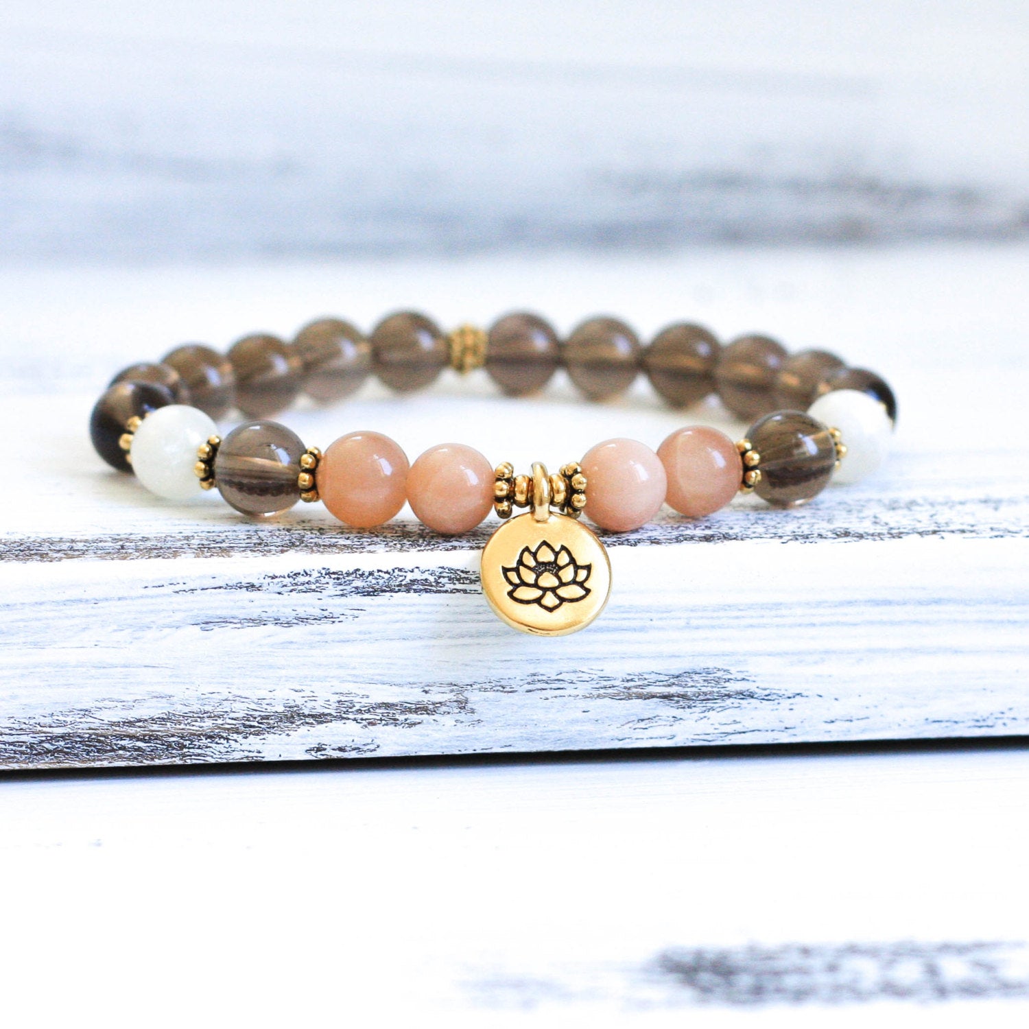 Smoky Quartz, Sunstone, Moonstone Mala Bracelet, crystal healing jewelry