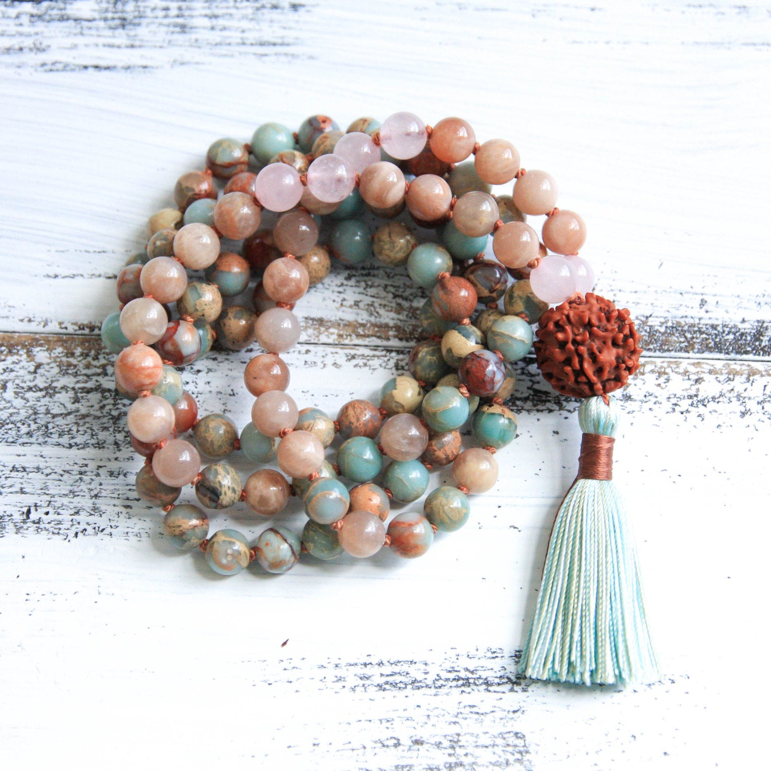 aqua terra jasper and sunstone mala necklace