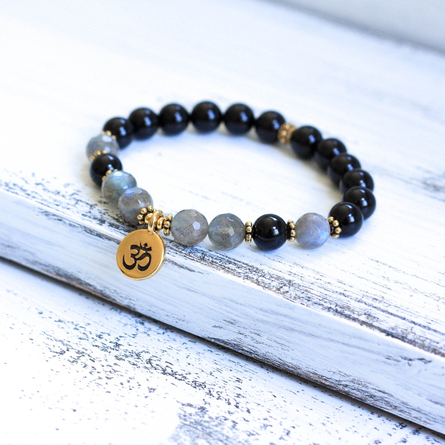 Black Tourmaline Labradorite om Bracelet, yoga jewelry
