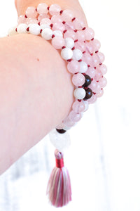 knotted pink quartz moonstone japa mala, handmade jewelry