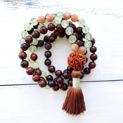 Red Tiger’s Eye Prehnite Mala Necklace, crystal healing jewelry