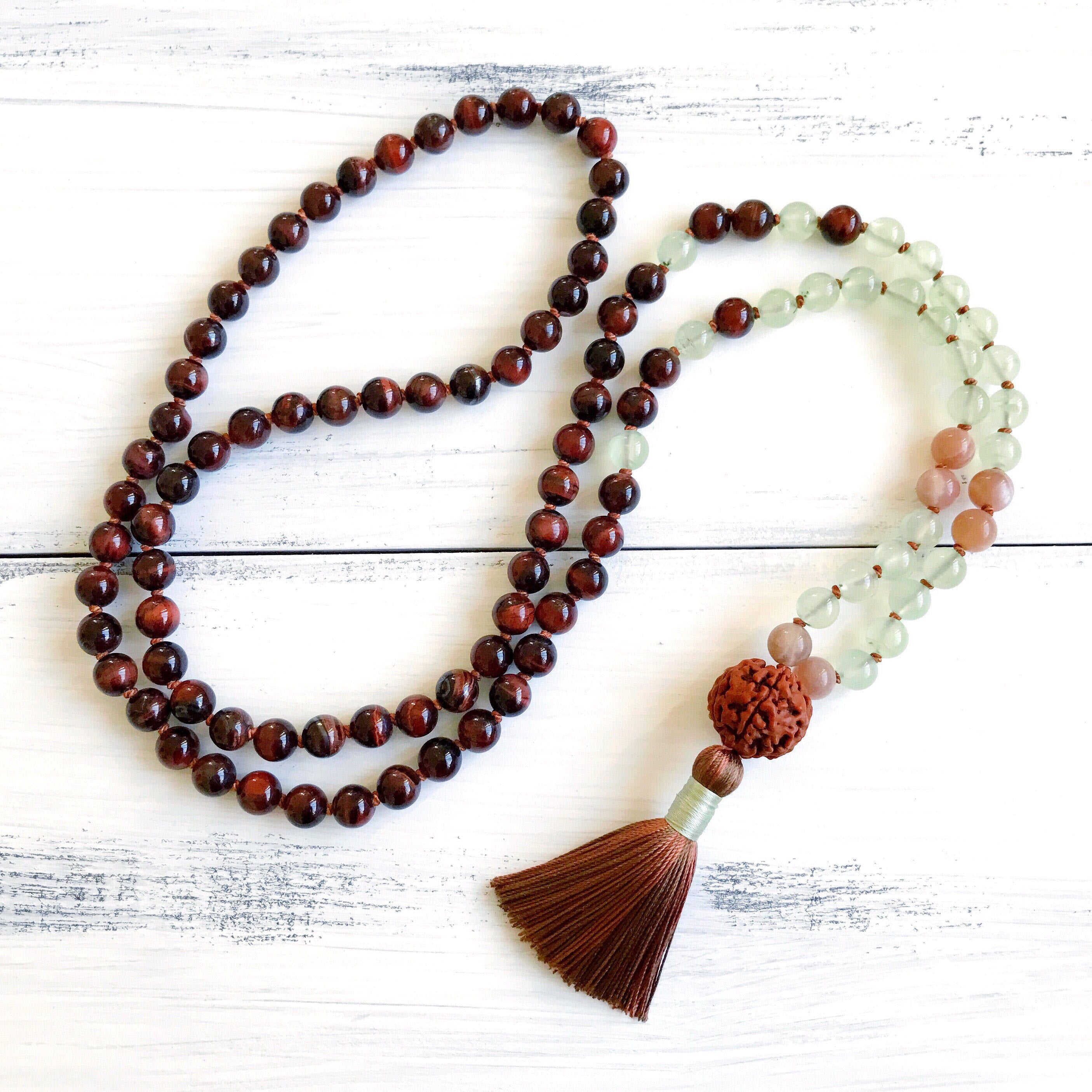 red tiger eye long tassel necklace, japa mala