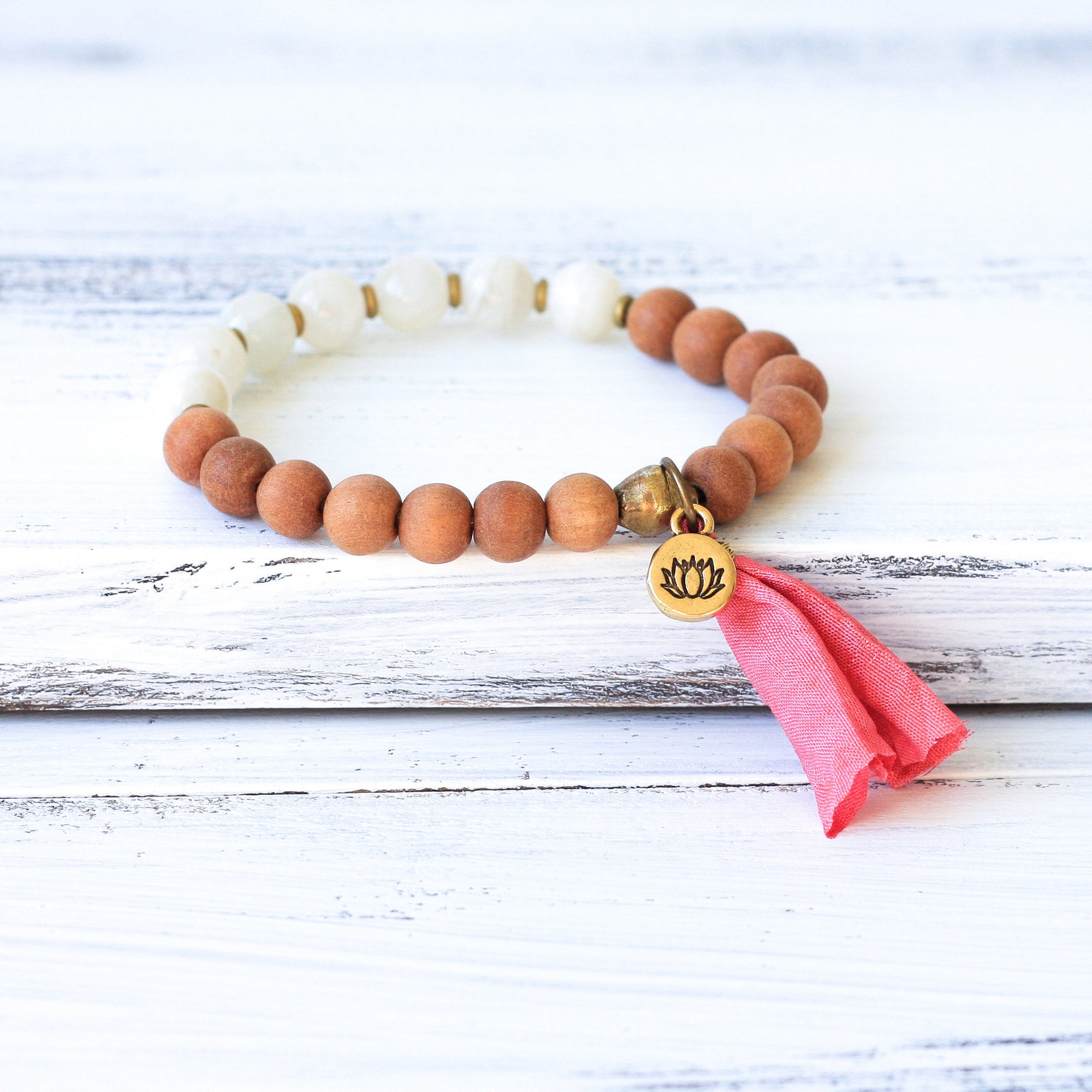 Moonstone Sandalwood Wrist Mala Beads, buddhist jewelry
