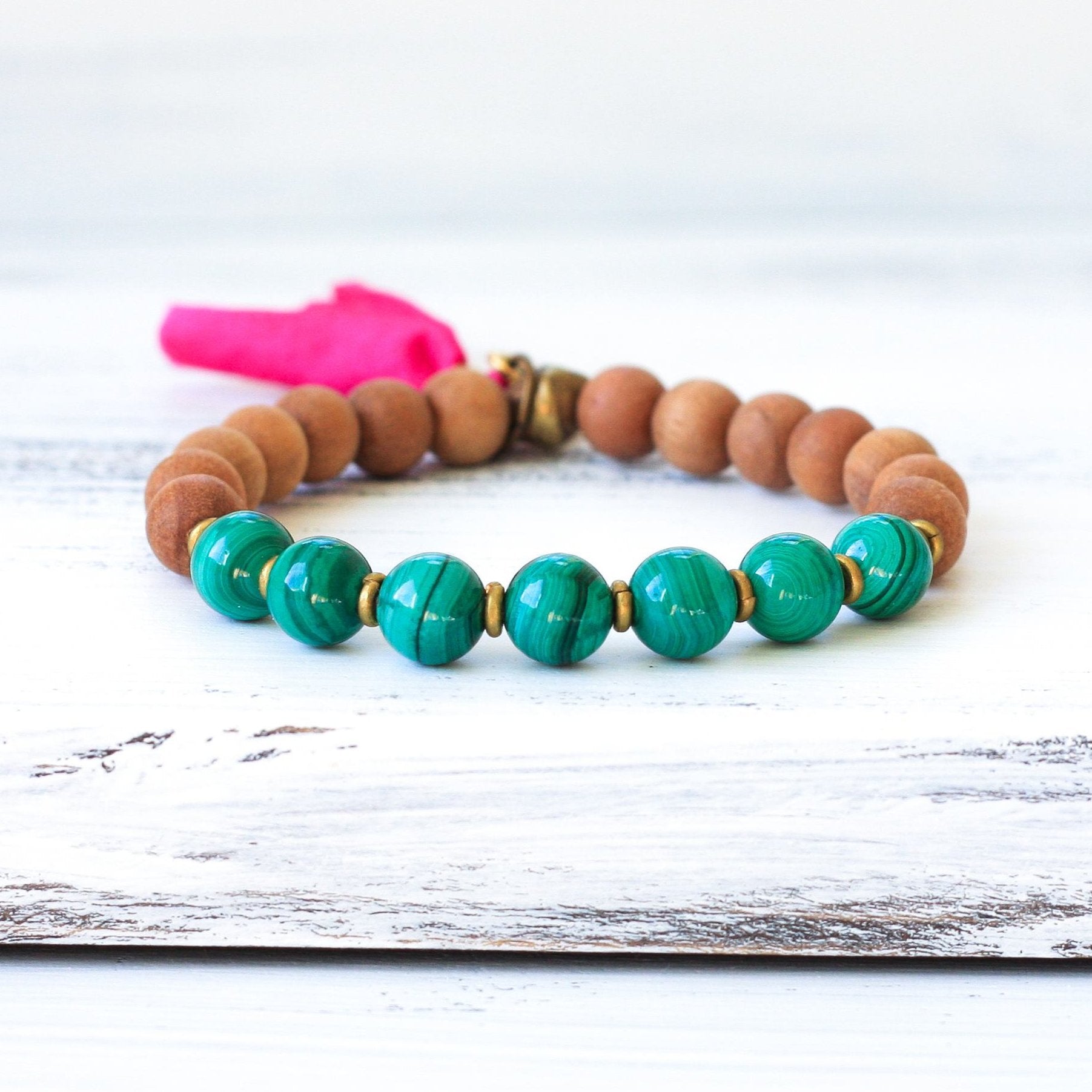 Malachite Sandalwood Mala Bracelet, yoga jewelry