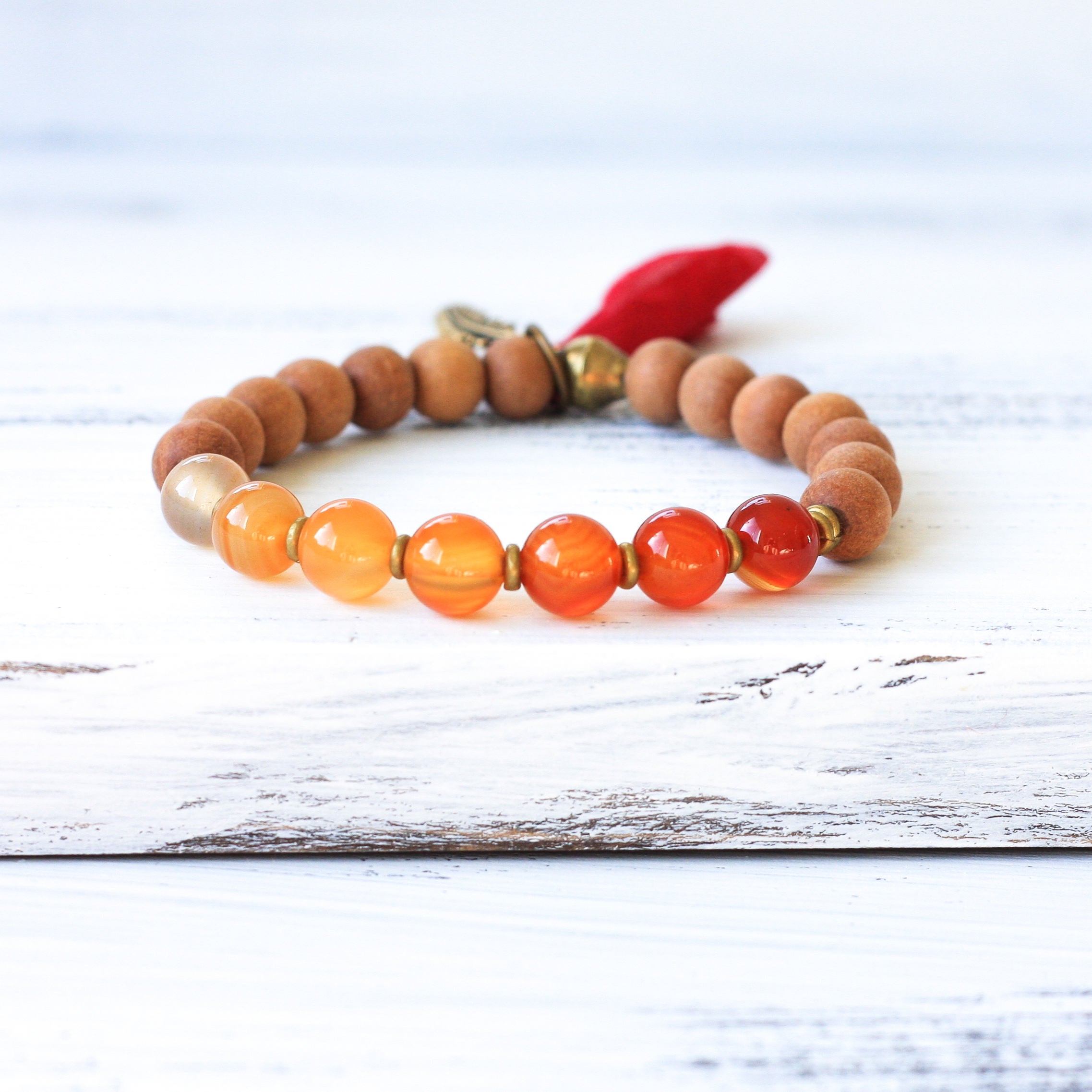 Ombré Carnelian Sandalwood yoga bracelet, boho jewelry