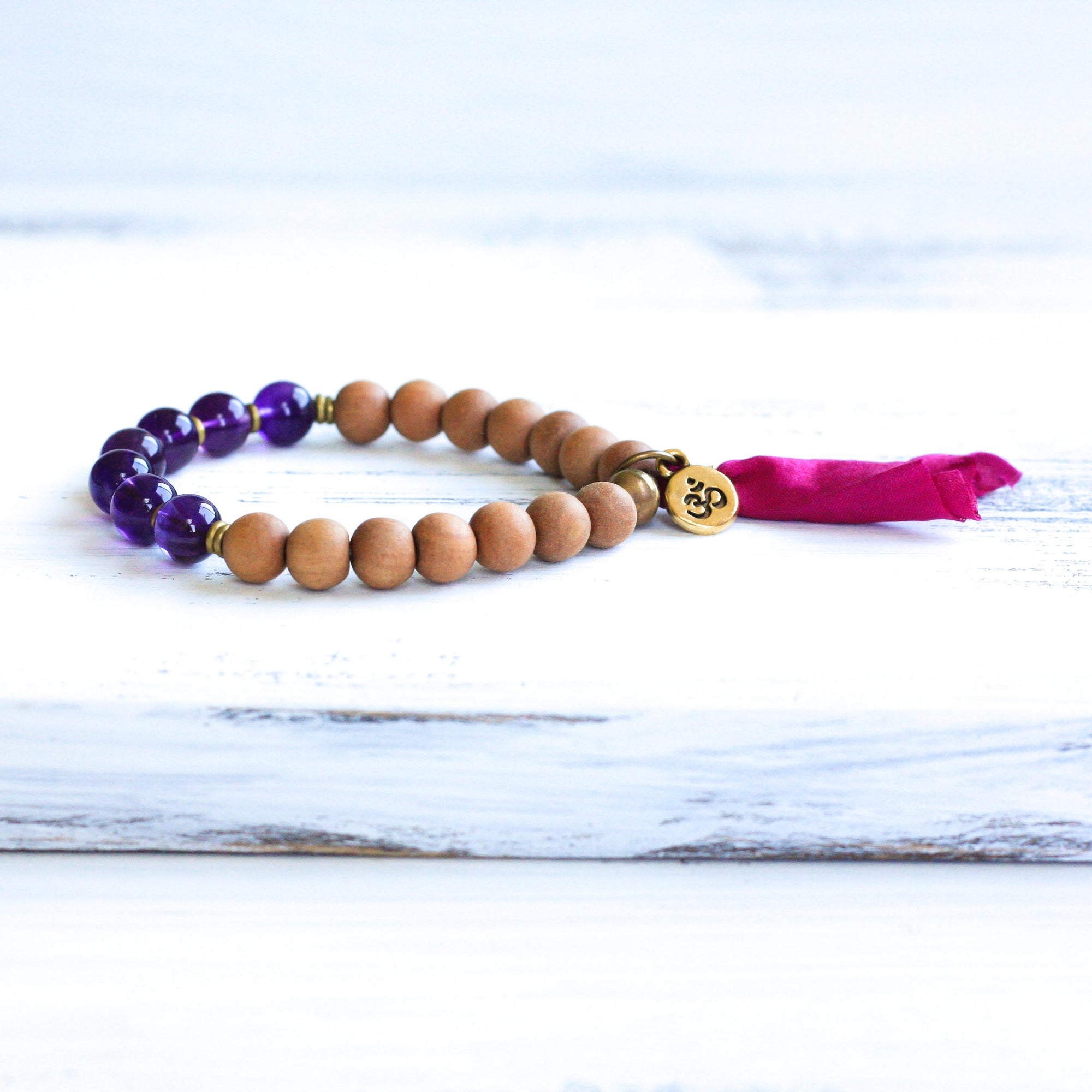 Amethyst Sandalwood boho Bracelet, yoga jewelry