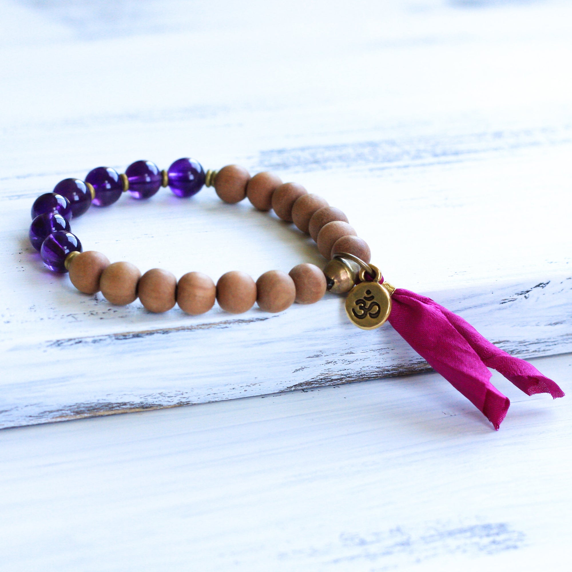 sandalwood mala beads, amethyst bracelet