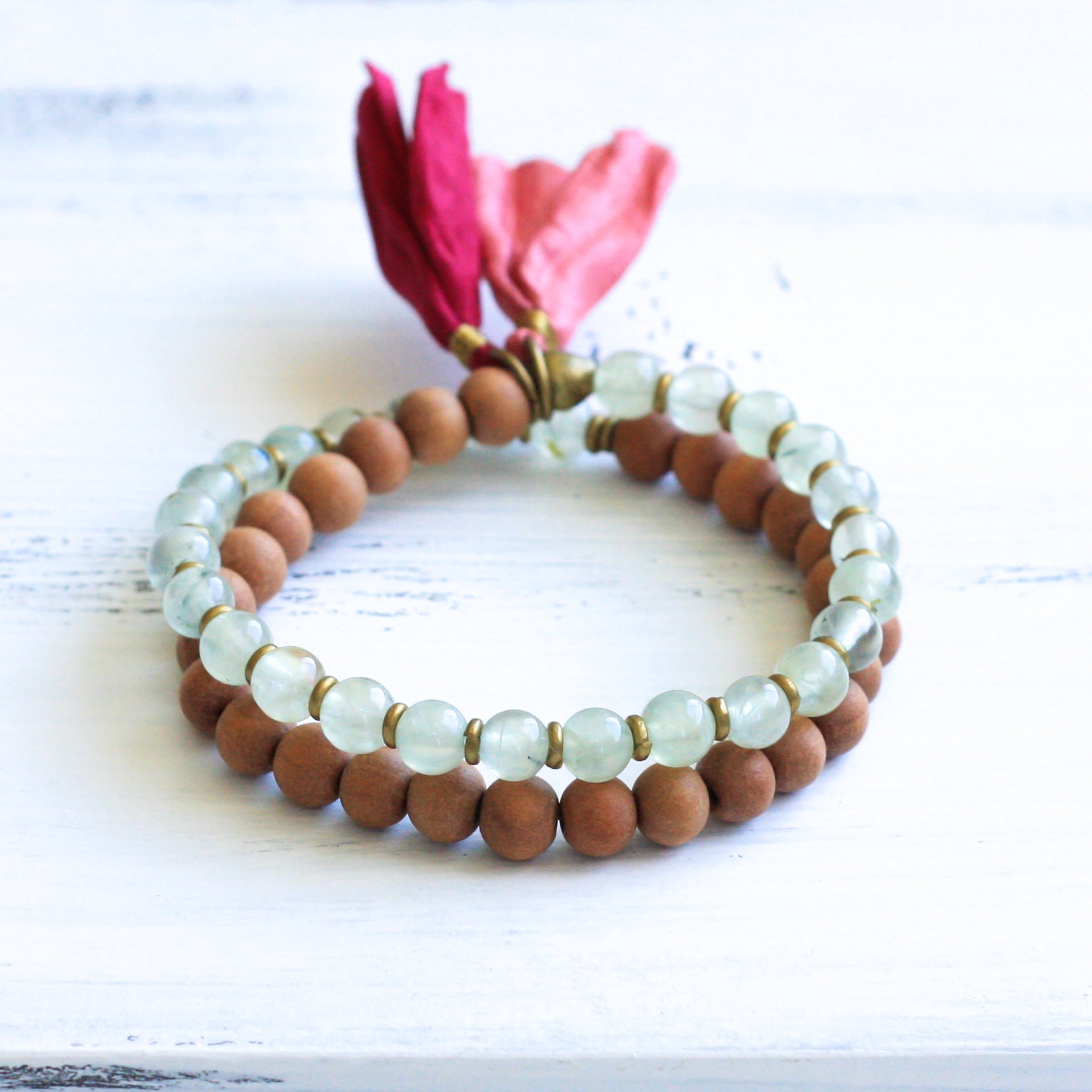 Prehnite Sandalwood Yoga Bracelet, boho jewelry