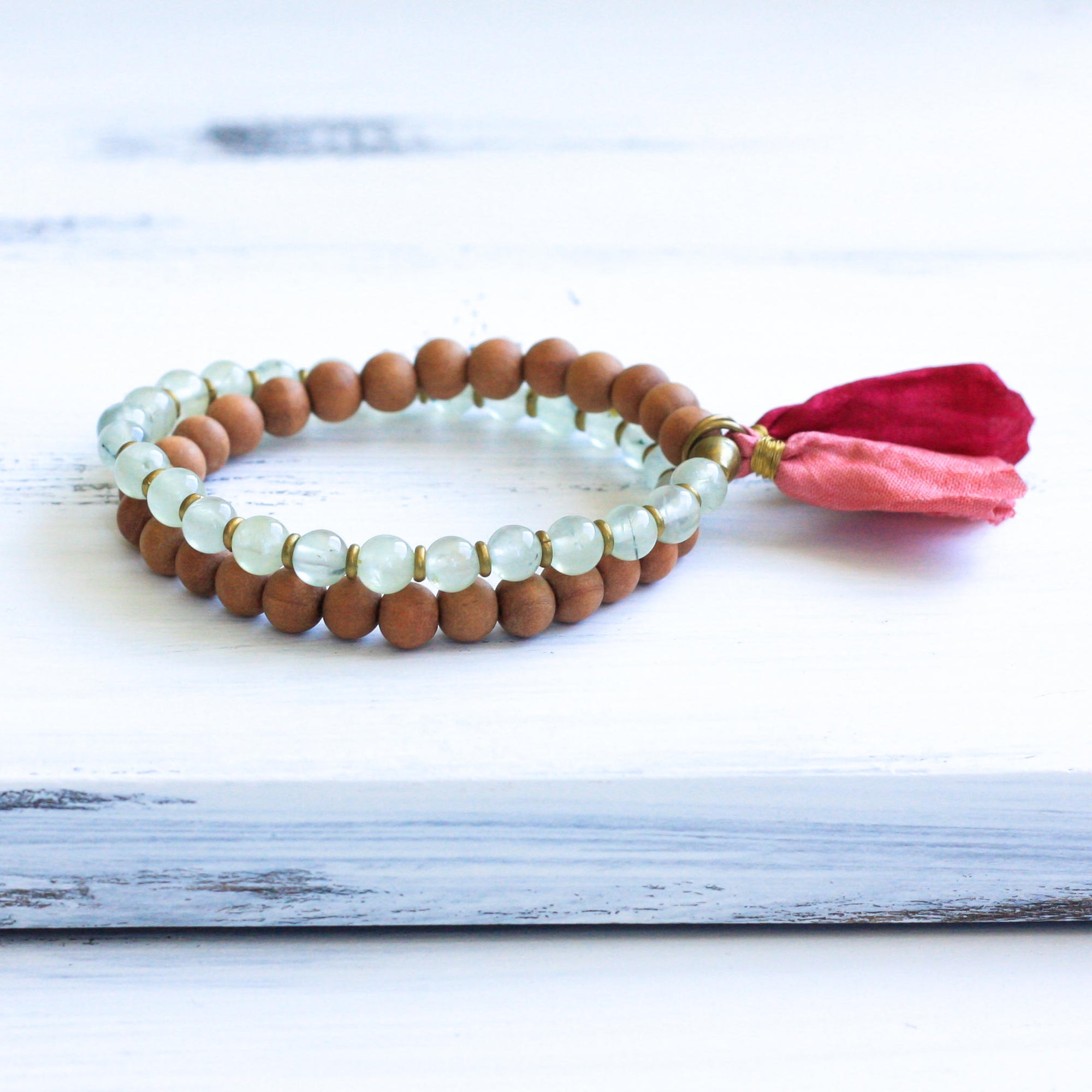 Prehnite Sandalwood Tassel Bracelet, buddhist jewelry