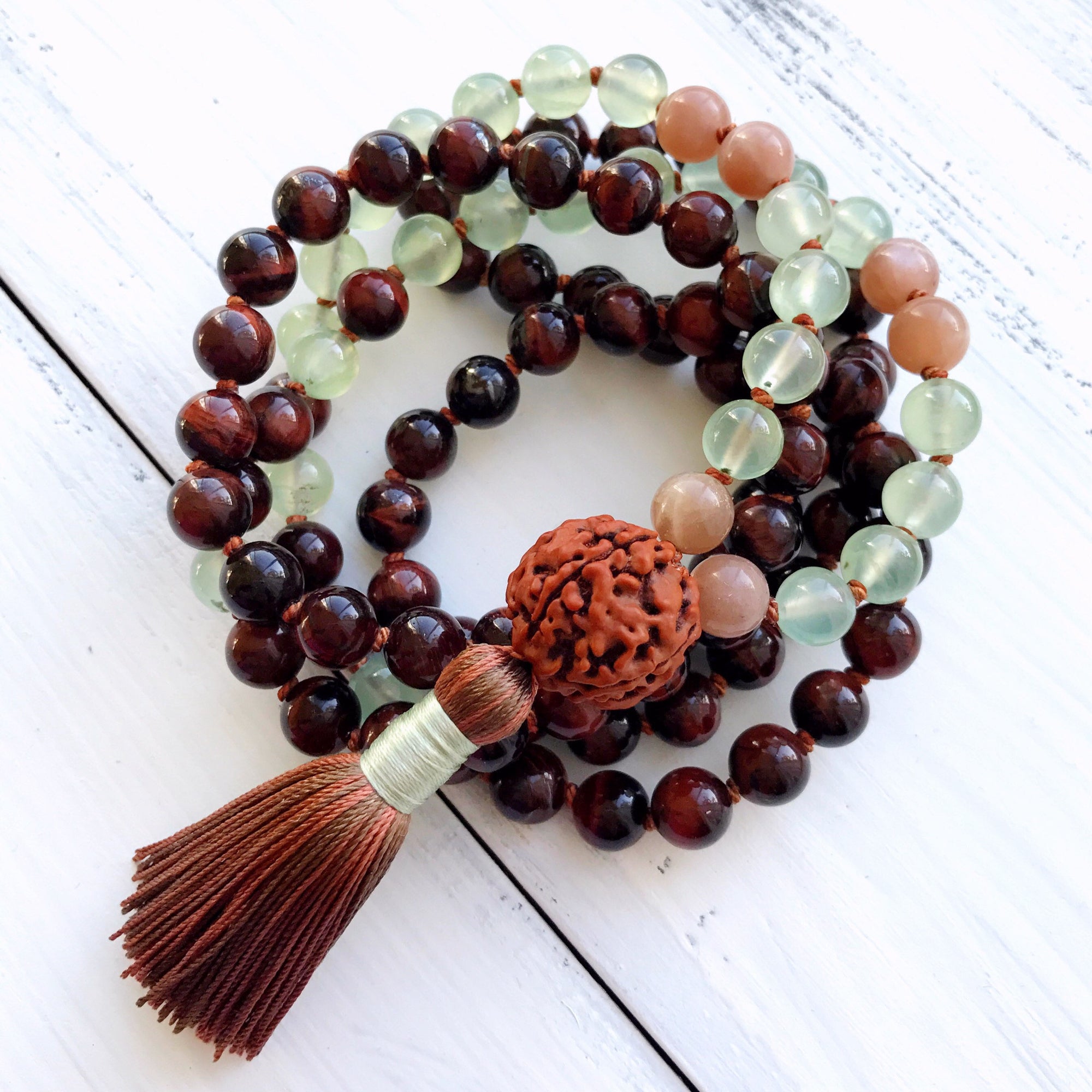 red tigers eye prehnite 108 mala beads, yoga jewelry