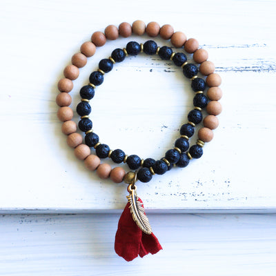 Lava Stone Sandalwood Mala Bracelet with Tassel