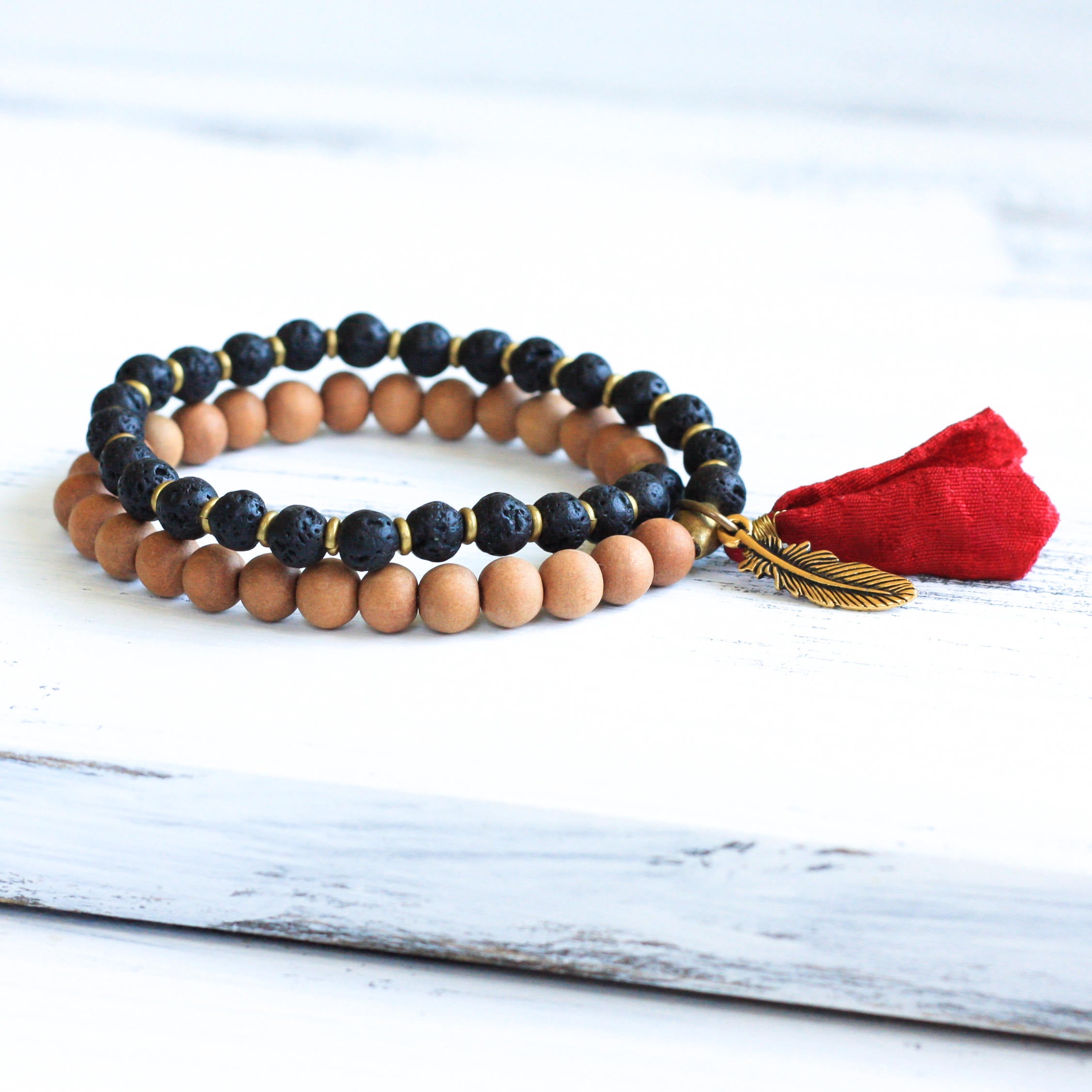 Sandalwood Lava mala beads, handmade jewelry