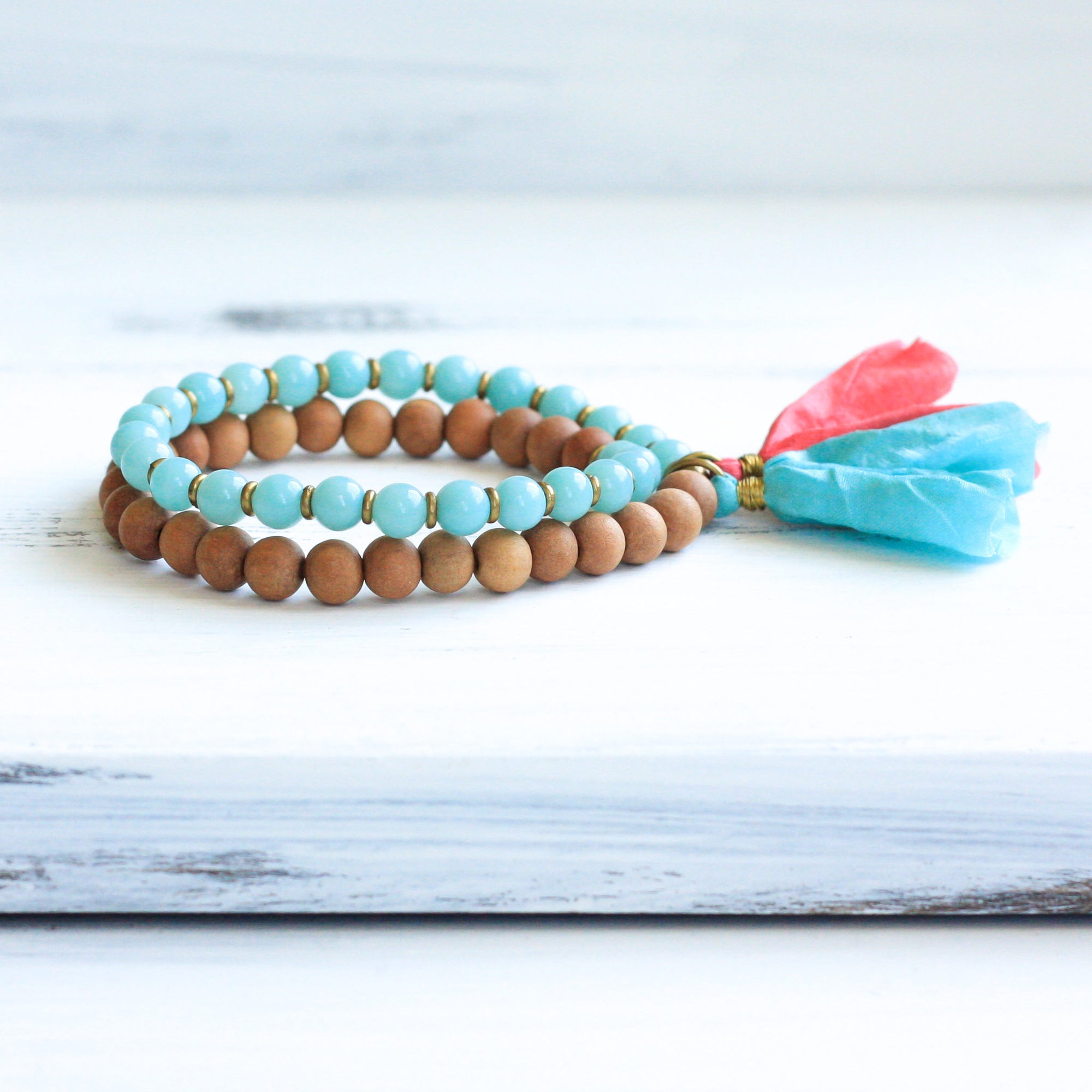 Amazonite Sandalwood wrap yoga bracelet, spiritual jewelry