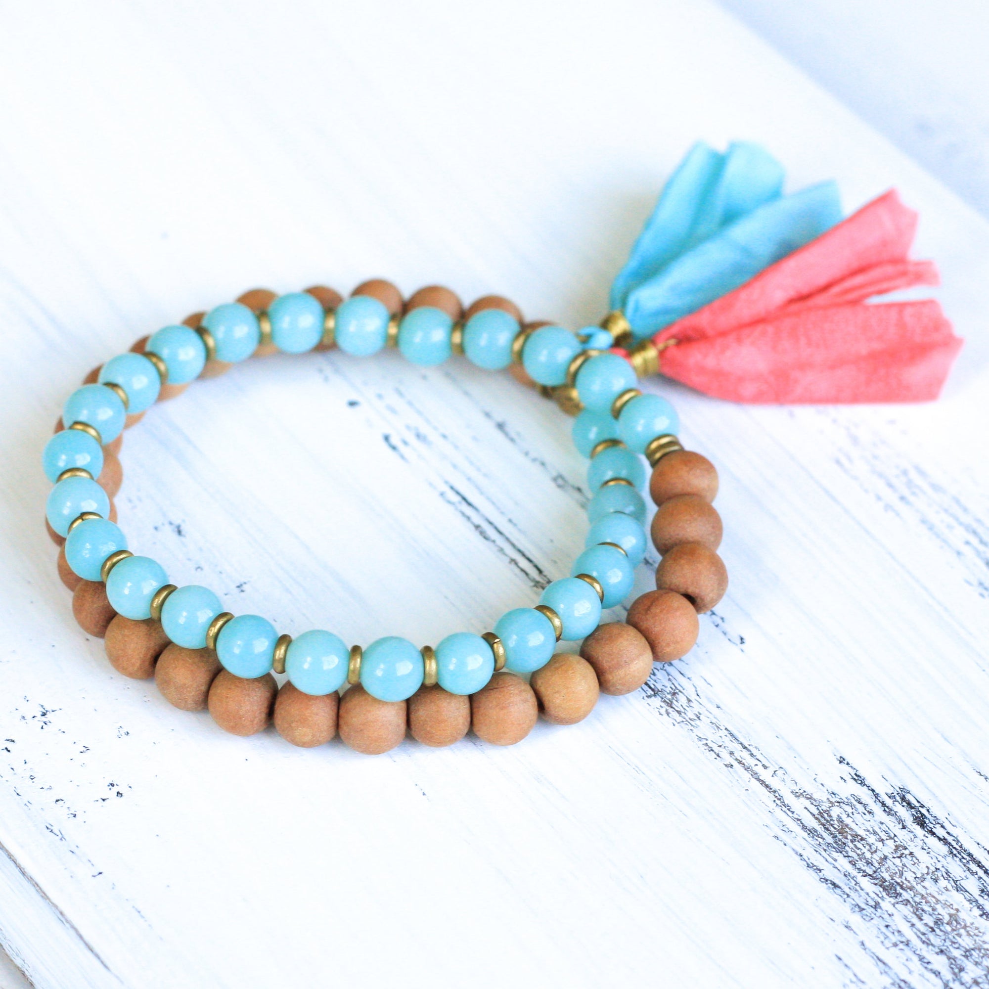 Sandalwood Amazonite mala beads, tassel bracelet