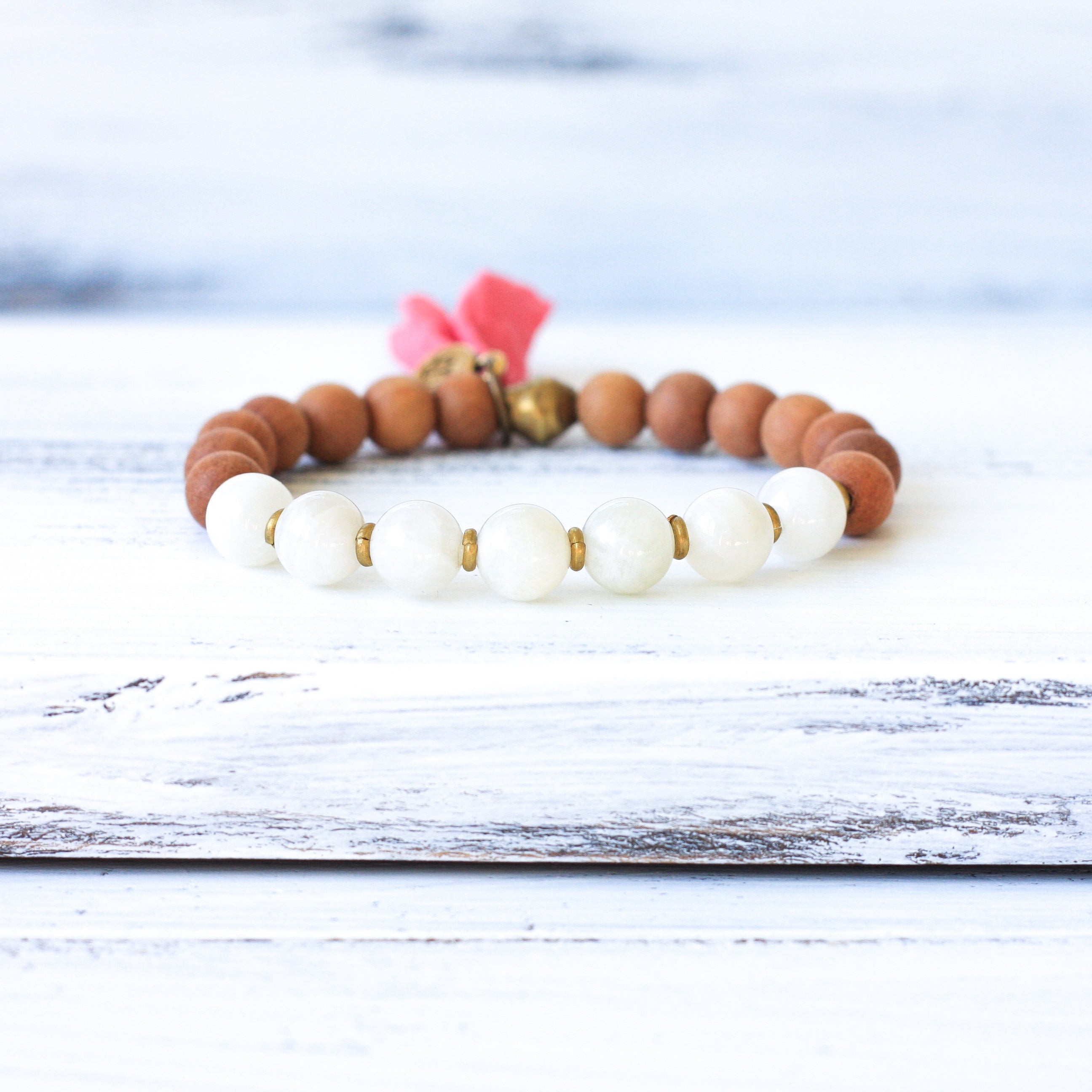 Moonstone Sandalwood Mala Bead Bracelet, boho jewelry