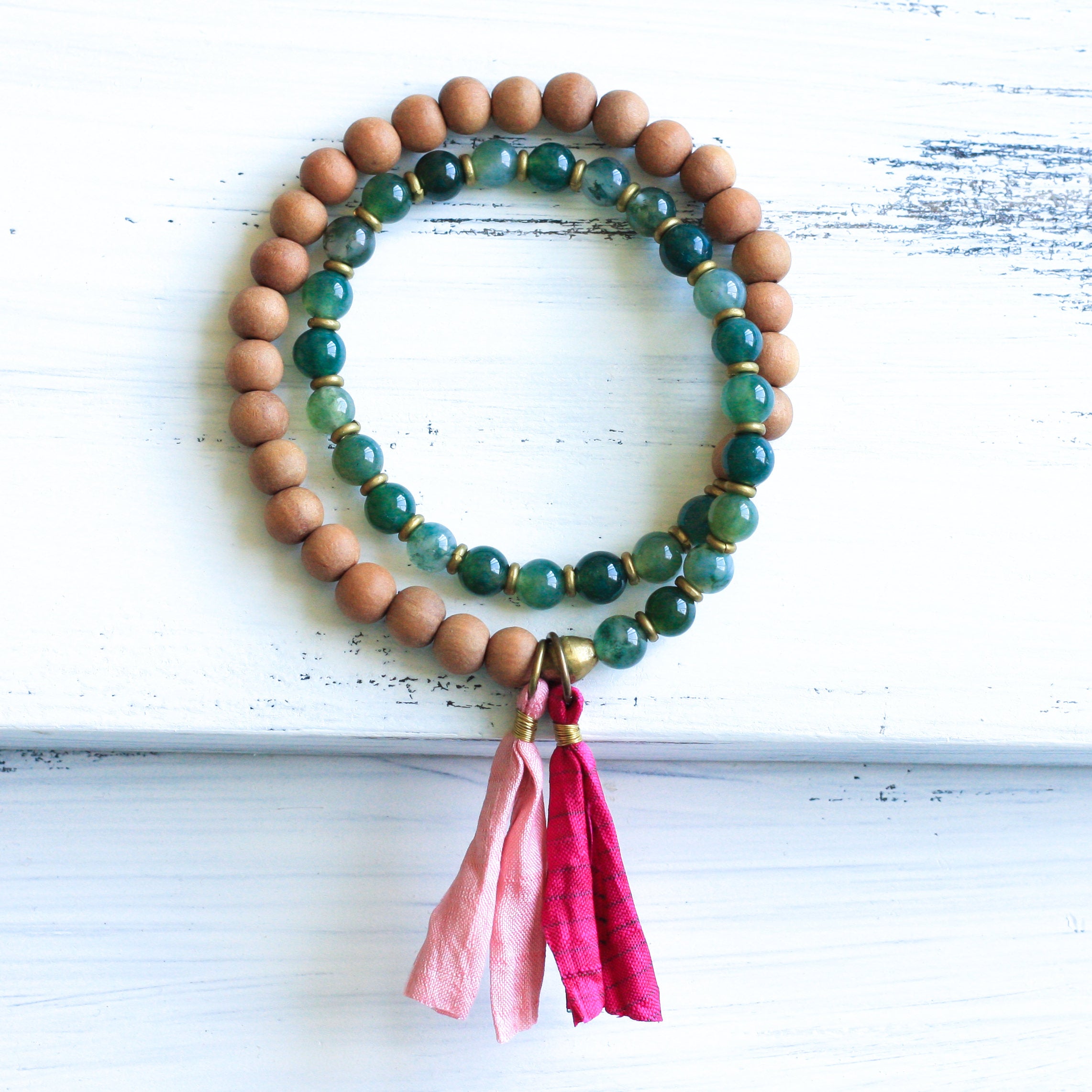 Moss Agate Sandalwood double yoga bracelet, boho jewelry