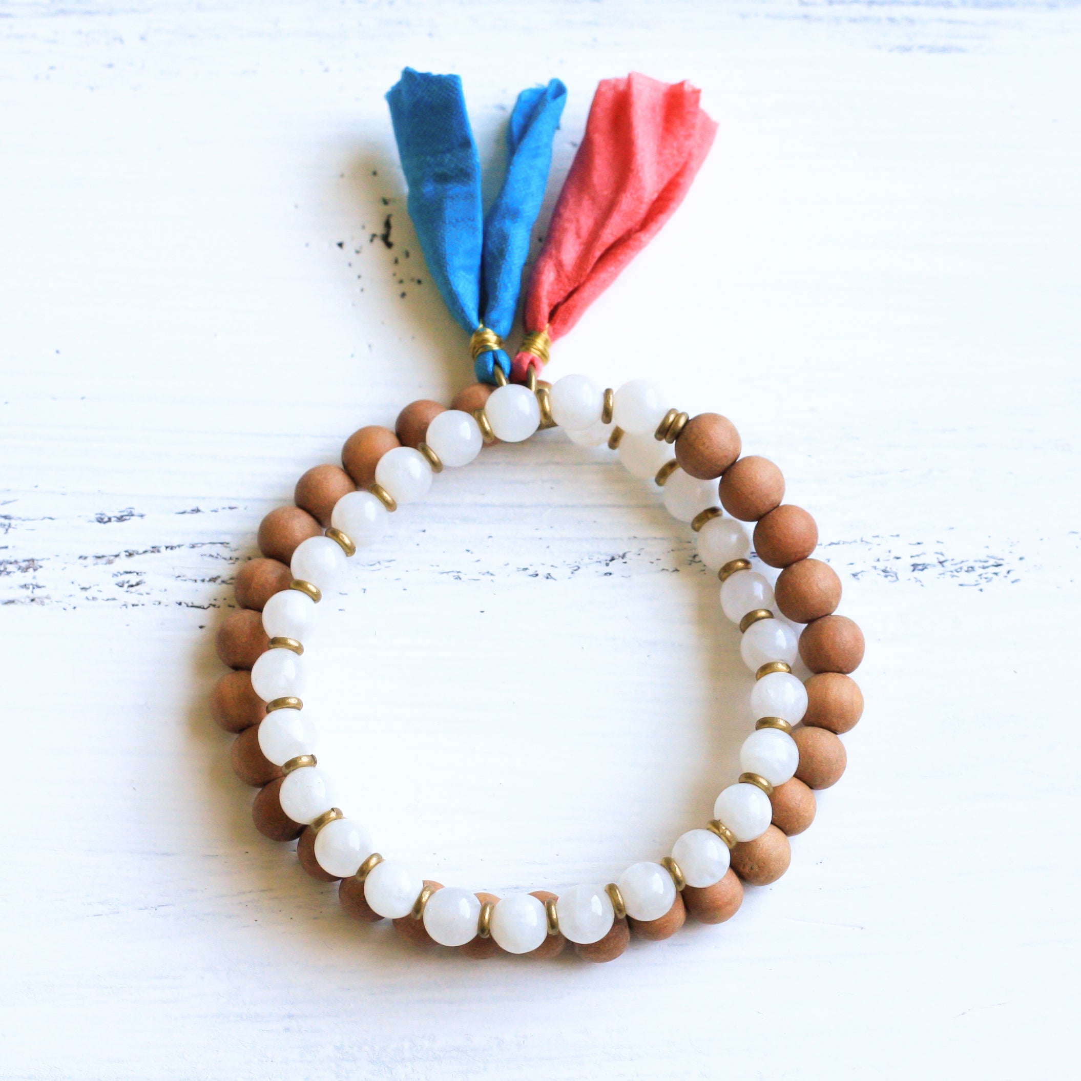 Moonstone Sandalwood Mala Bracelet with Tassel, yoga jewelry