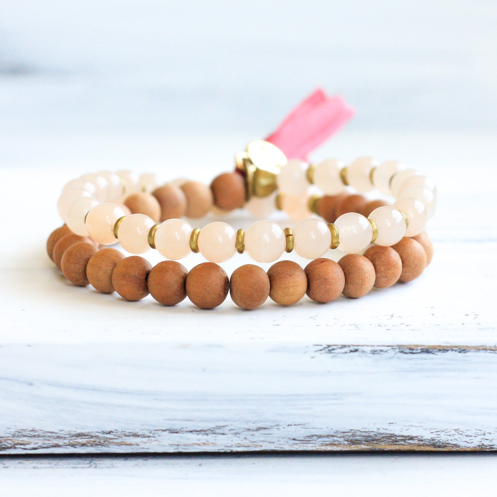 Sandalwood Peach Quartz buddhist prayer bead bracelet, yoga jewelry