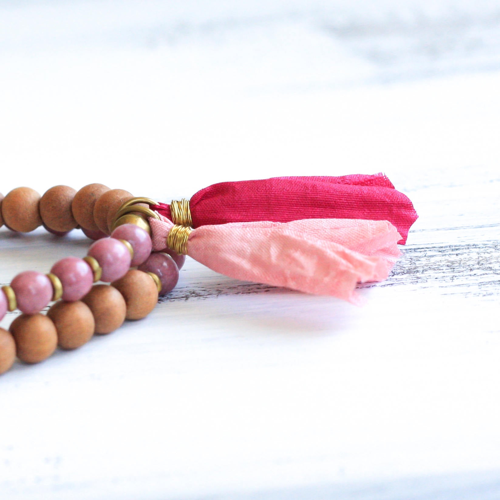 Rhodonite Sandalwood tassel bracelet, handmade jewelry