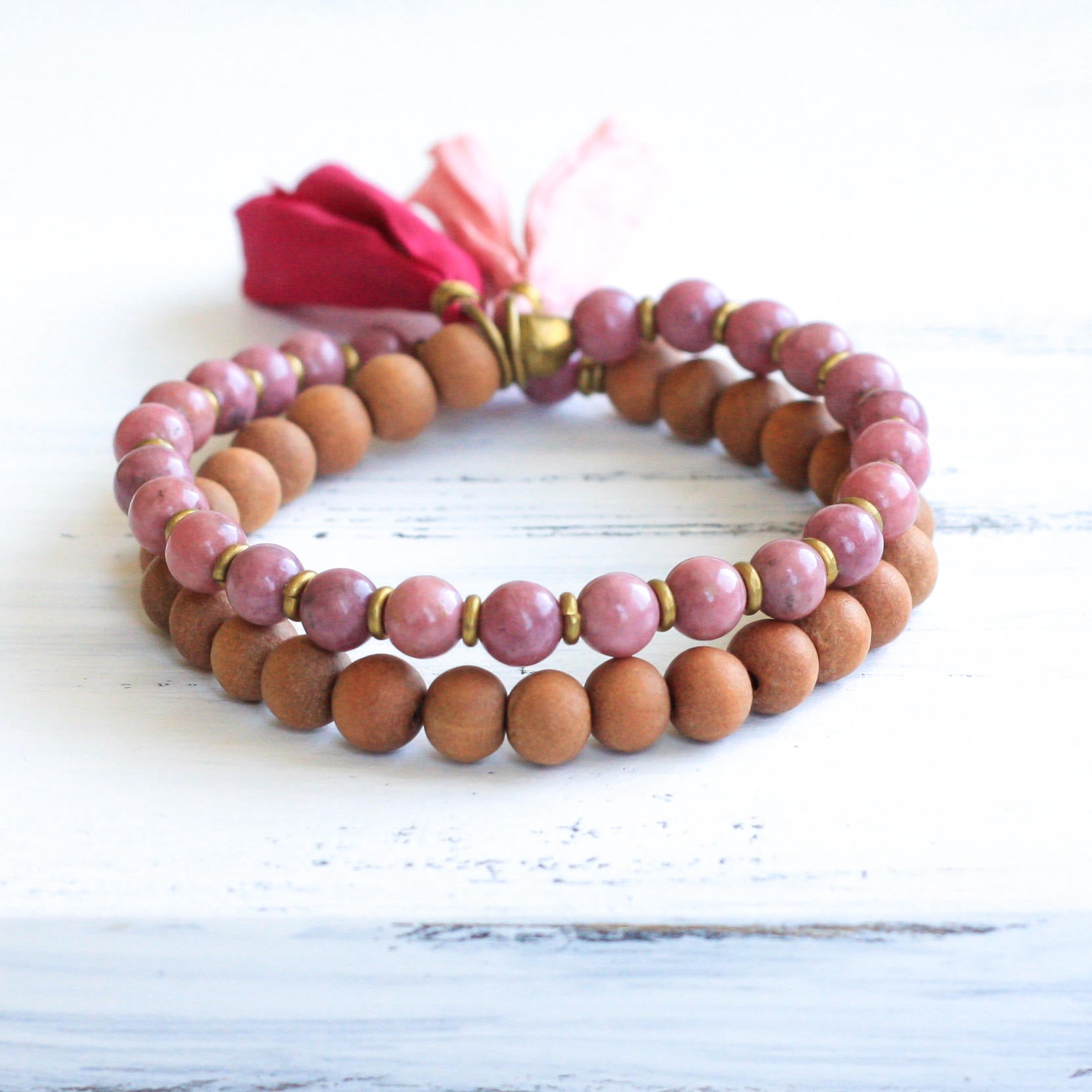 Rhodonite Sandalwood Mala Bracelet with Tassel, yoga jewelry