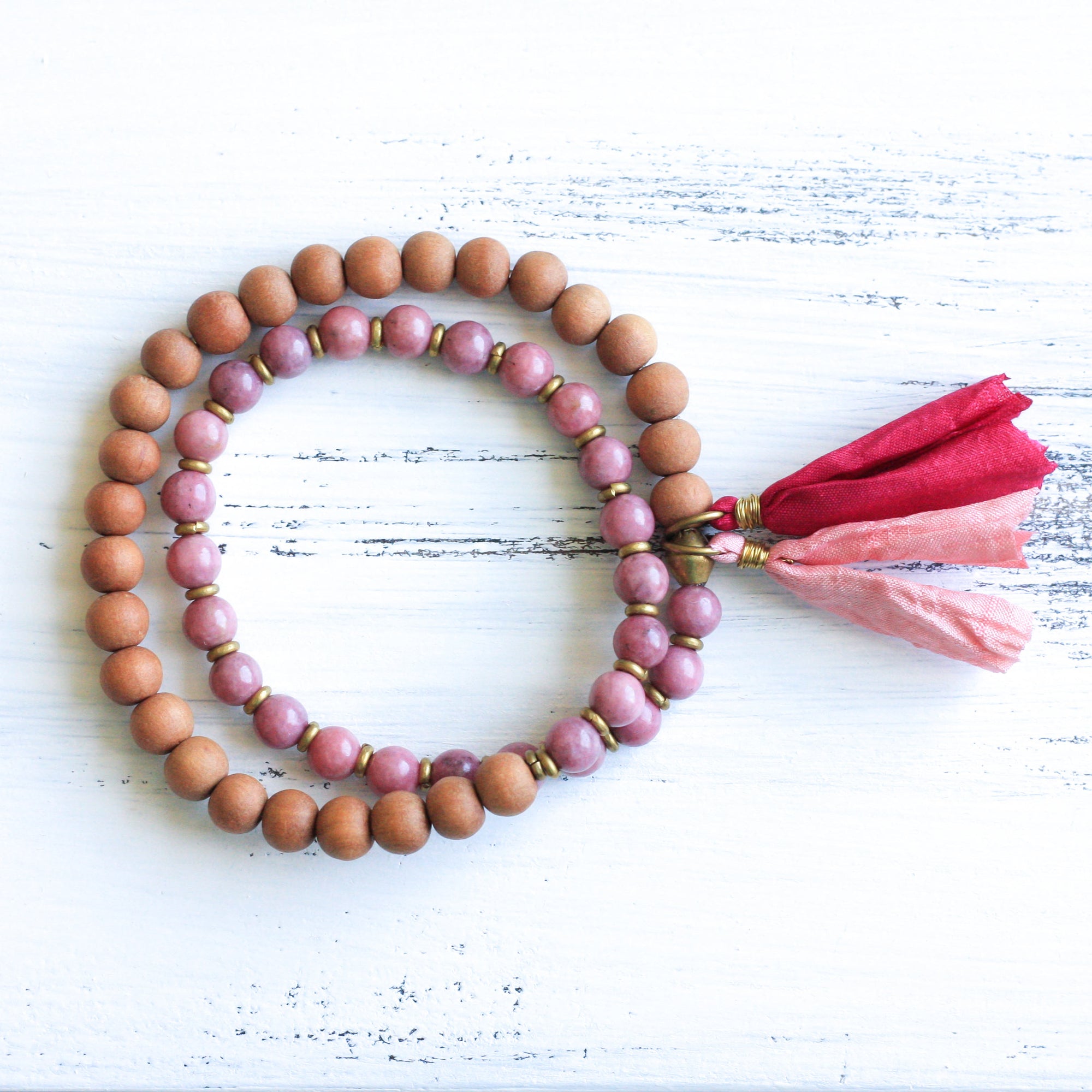 Sandalwood Rhodonite yoga wrap bracelet, boho jewelry
