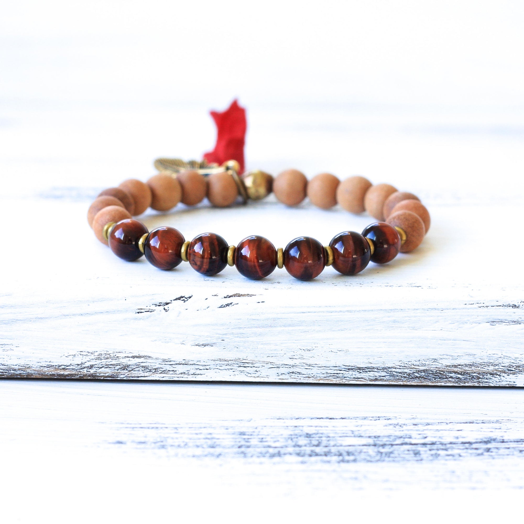 Red Tiger’s Eye Sandalwood Mala Bracelet, crystal healing jewelry