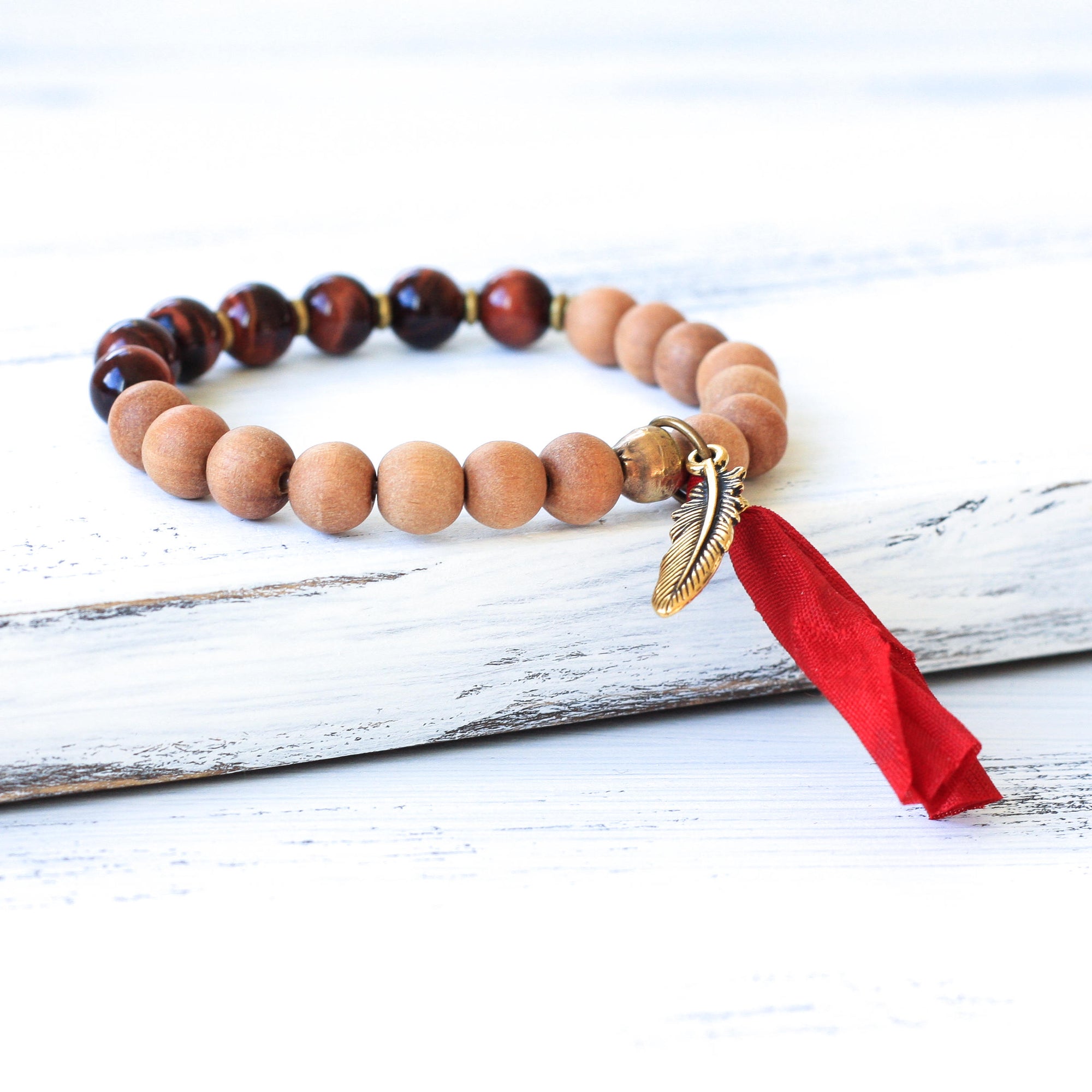 Red Tiger’s Eye mala beads, Sandalwood bracelet