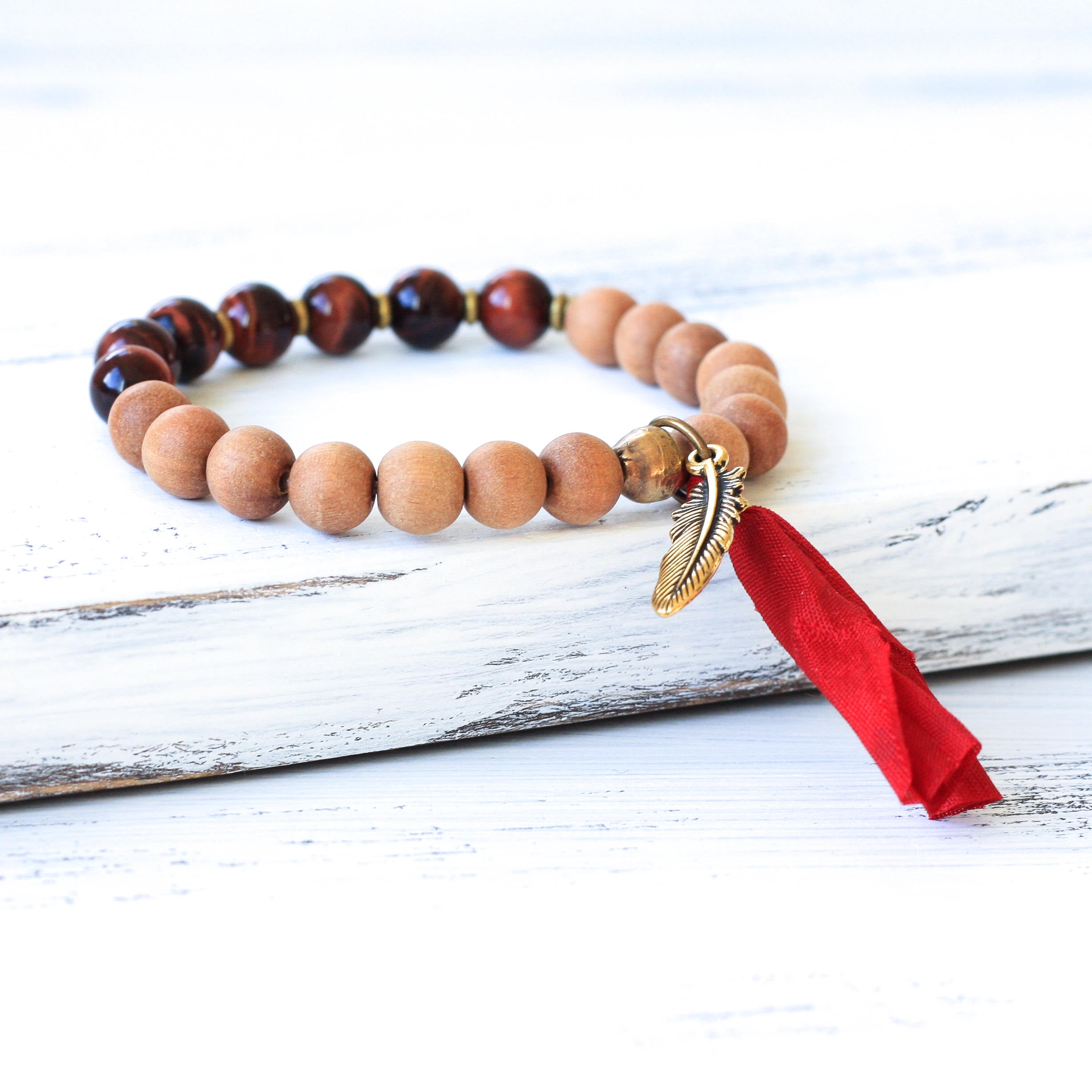 Red Tiger’s Eye mala beads, Sandalwood bracelet