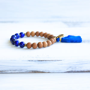 Sandalwood Lapis Lazuli wrist mala beads, tassel bracelet