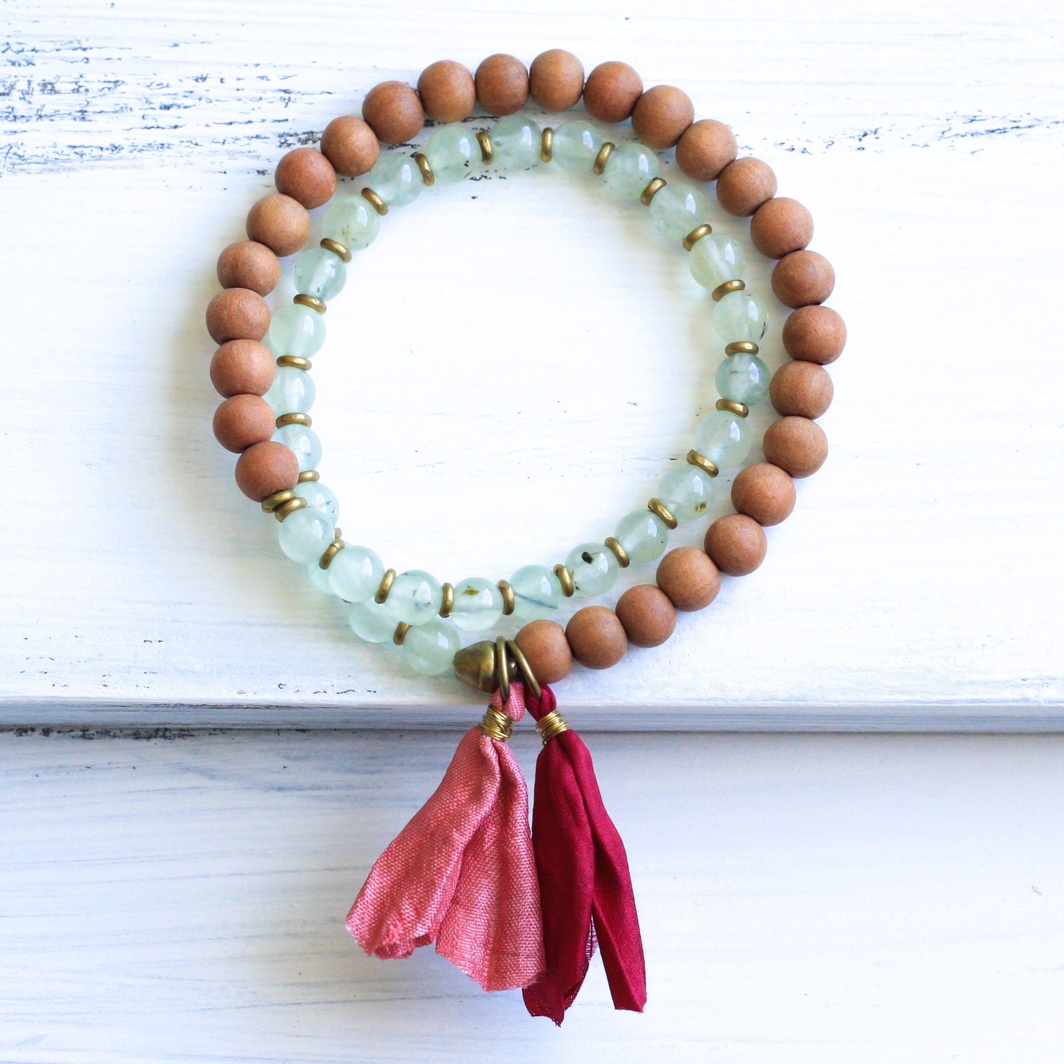 Prehnite Sandalwood Mala Beads, yoga jewelry