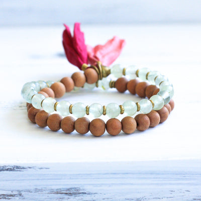 Prehnite Sandalwood Mala Bracelet with Tassel, handmade jewelry