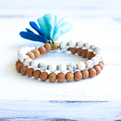 Howlite Sandalwood Mala Bracelet with Tassel, boho jewelry