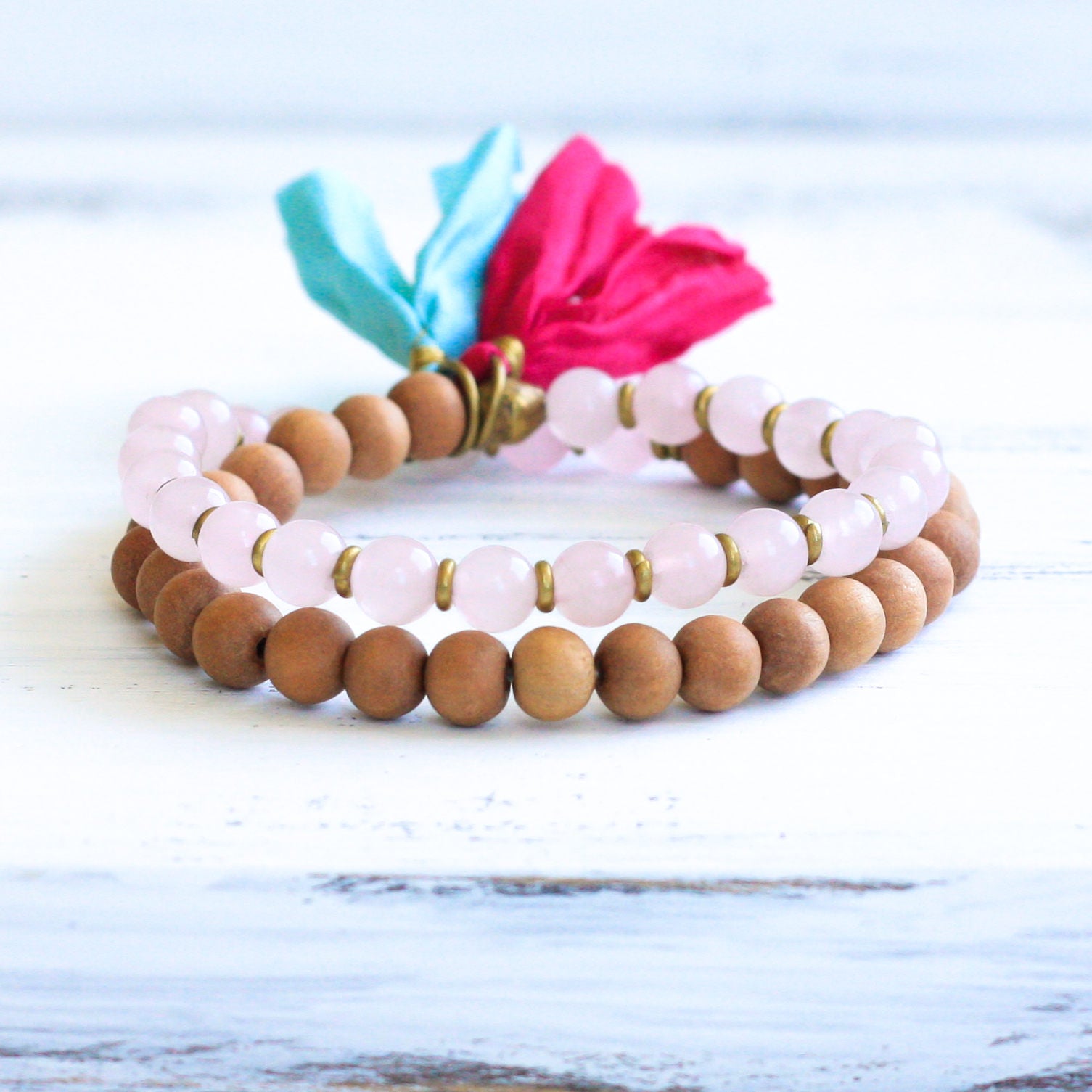 Rose Quartz & Sandalwood yoga wrap bracelet, handmade jewelry