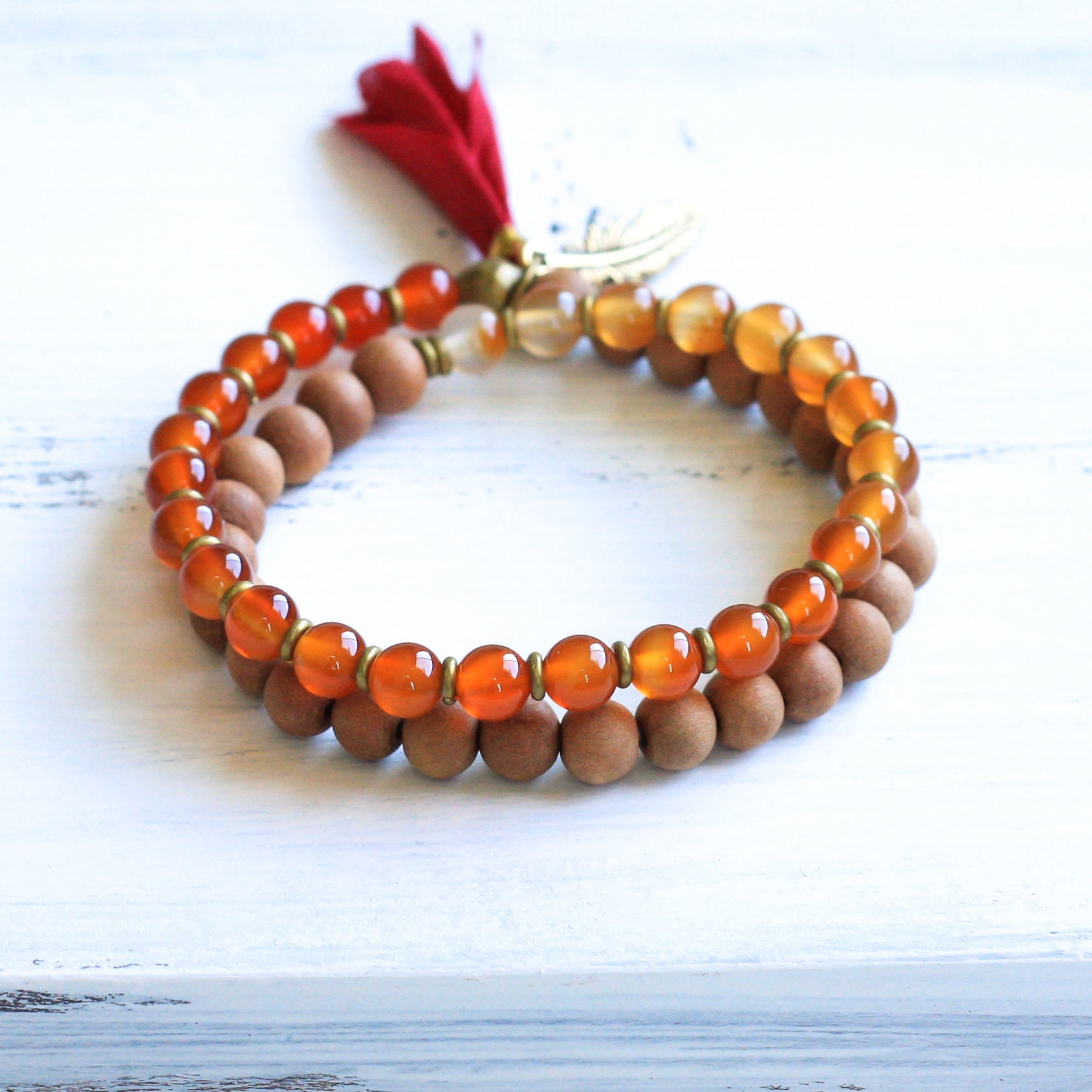 Carnelian Sandalwood boho Bracelet with Tassel