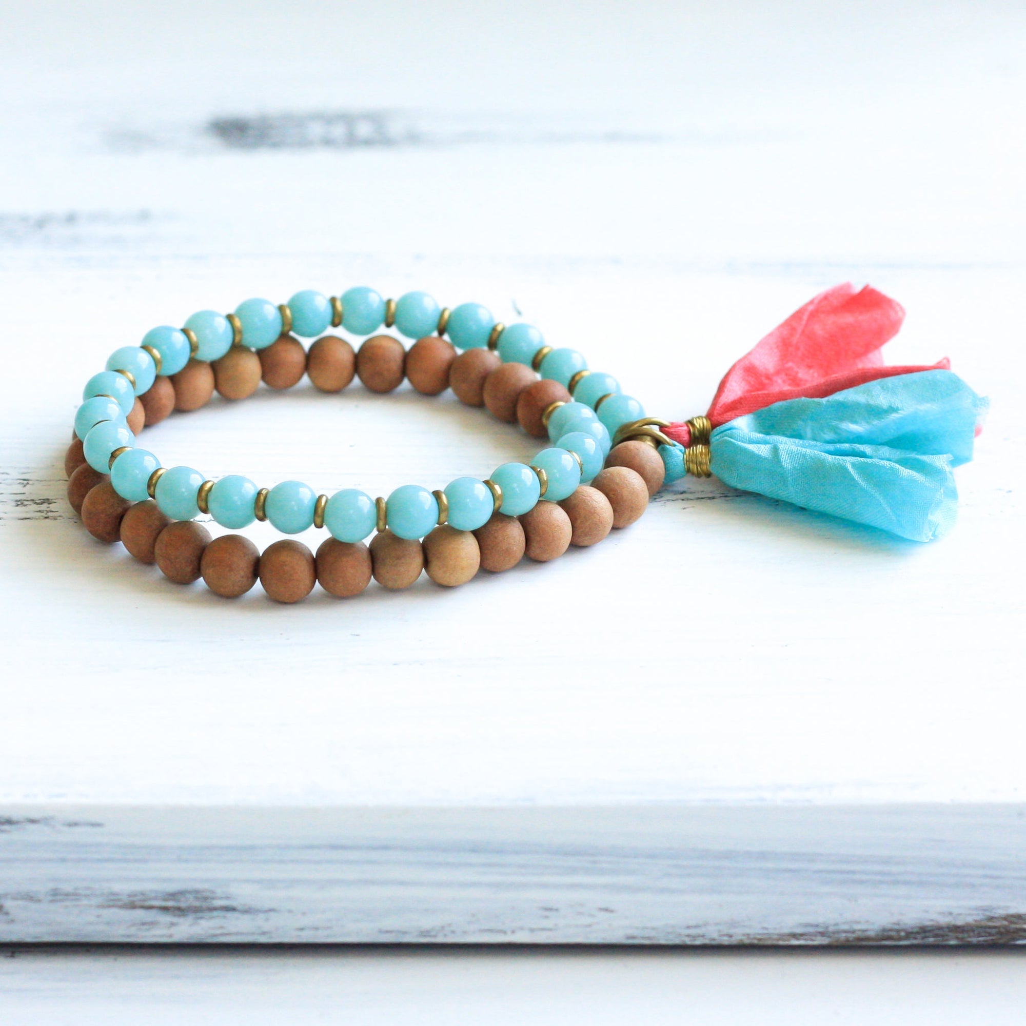 Amazonite Sandalwood Mala prayer beads, yoga jewelry