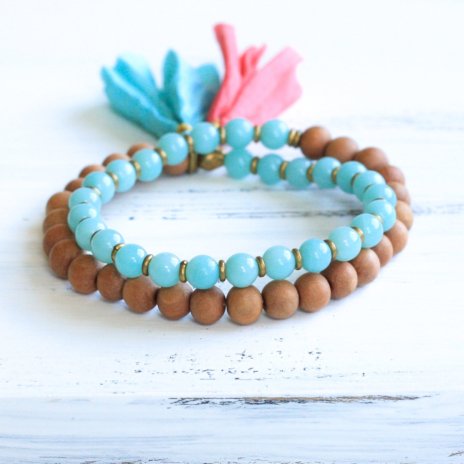 Aqua blue Amazonite Sandalwood Mala Bracelet with Tassel