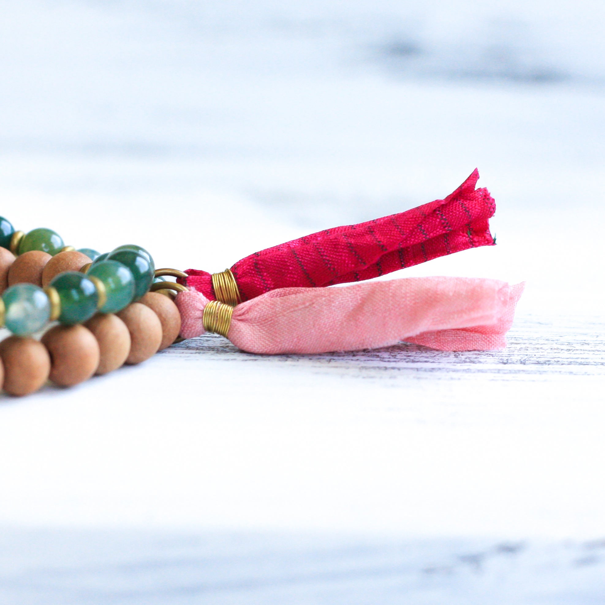 Moss Agate & Sandalwood Mala Bracelet with Tassel