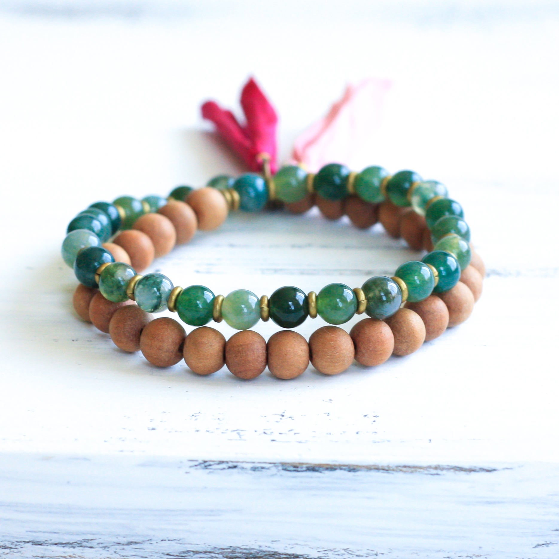 Moss Agate Sandalwood Mala Bracelet with Tassel, handmade jewelry