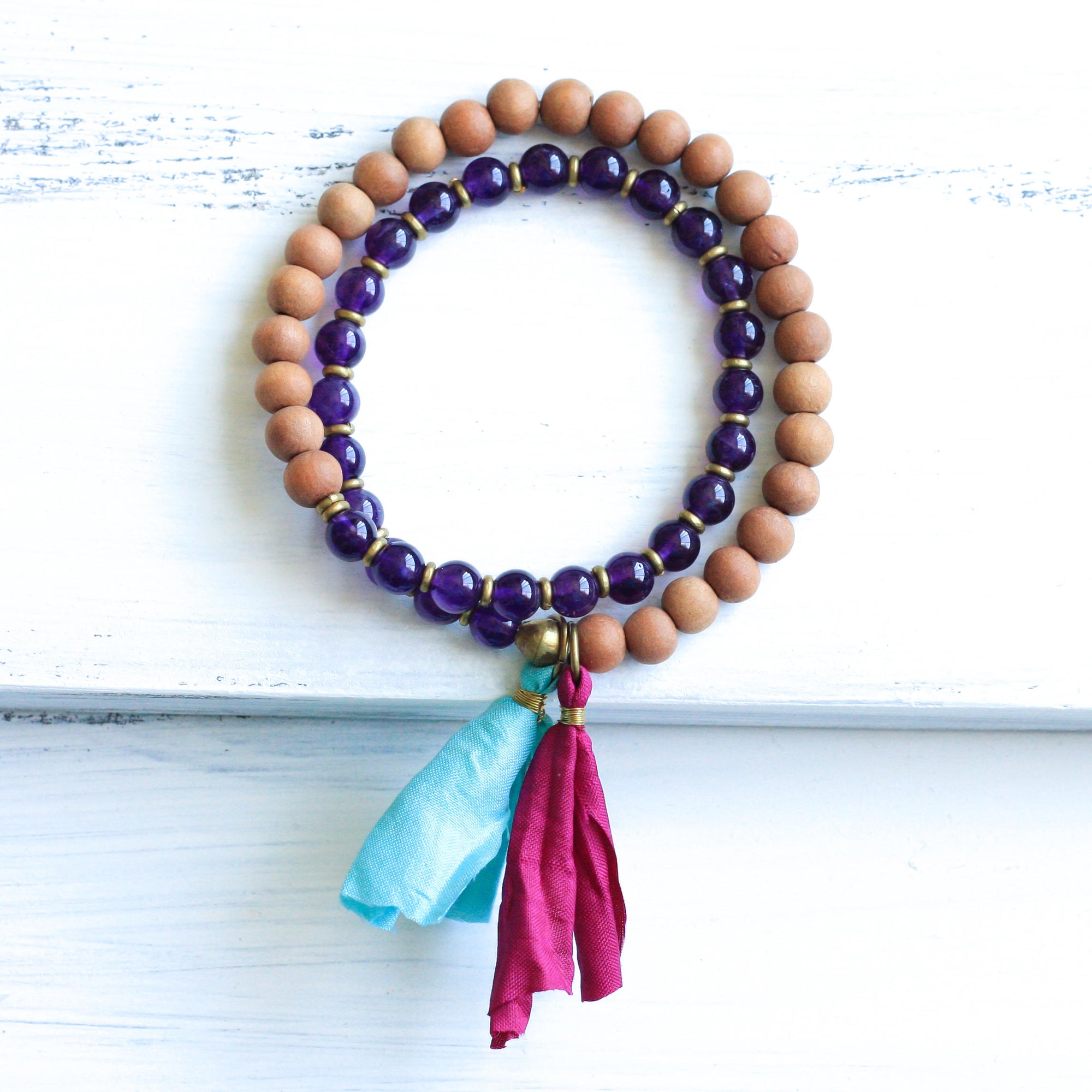 Amethyst Sandalwood Mala Bracelet with Tassel