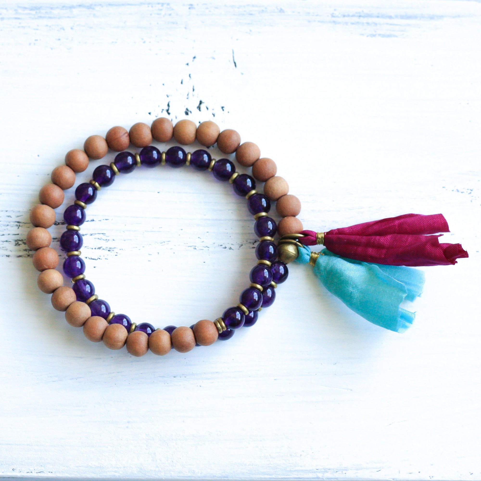 Amethyst Sandalwood Mala Beads, boho jewelry