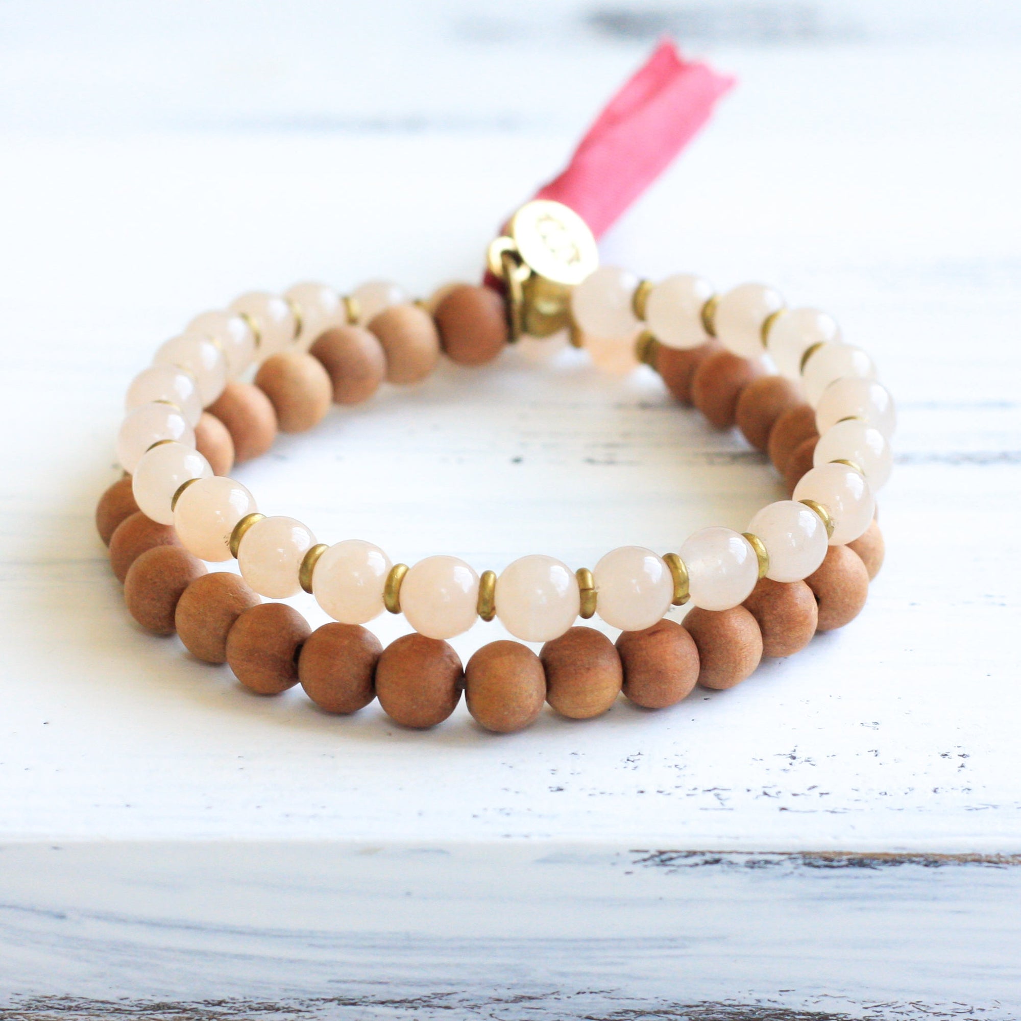 Peach Quartz Sandalwood Mala Bracelet with Tassel