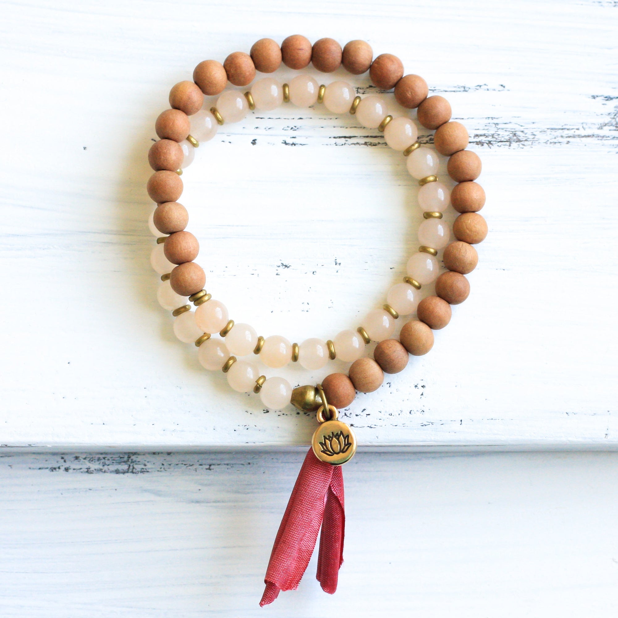 Peach Quartz Sandalwood mala beads, boho jewelry
