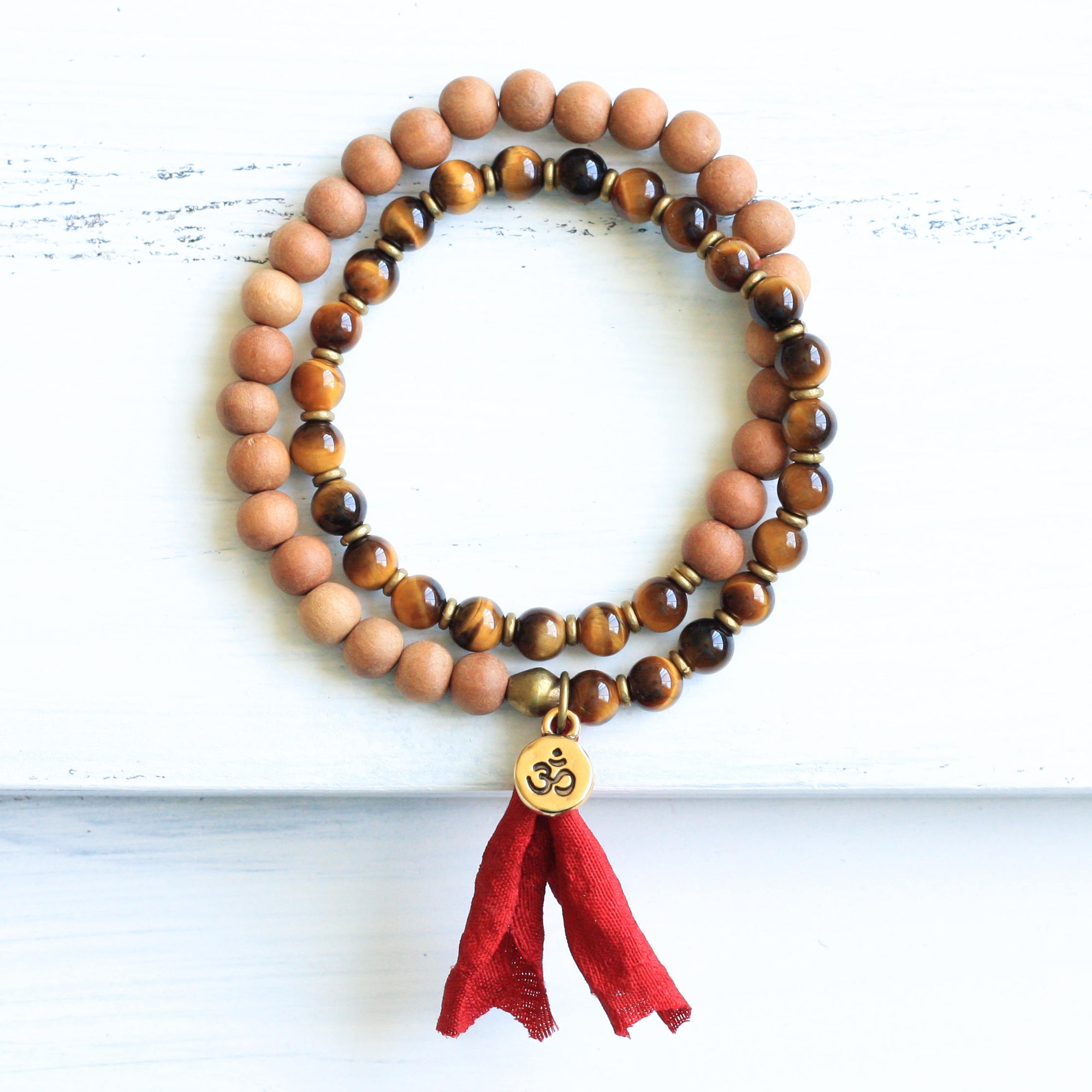 Tiger’s Eye Sandalwood Mala Bracelet with Tassel, boho jewelry