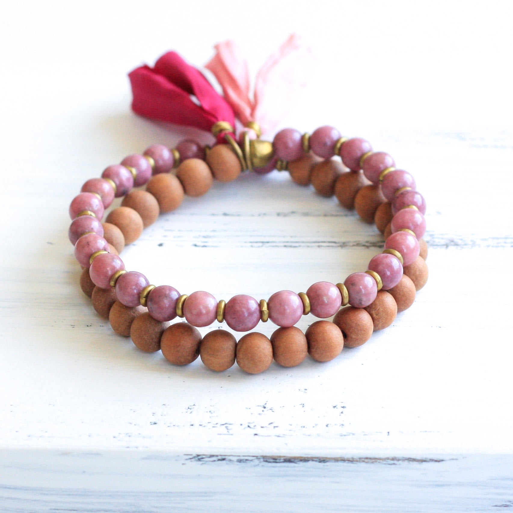 Rhodonite Sandalwood boho style bracelet, healing jewelry